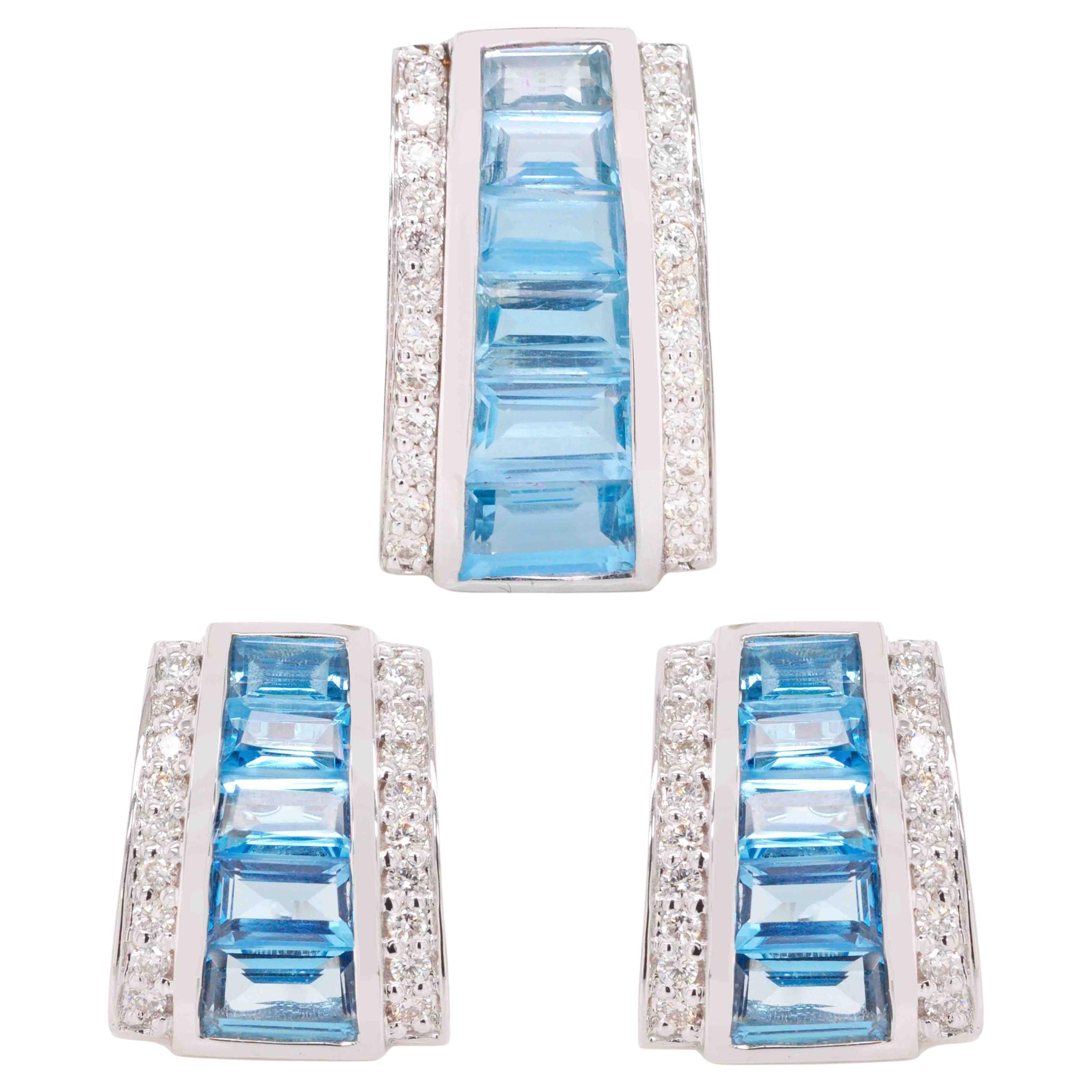 18K White Gold Channel Set Blue Topaz Taper Baguette Pendant Earrings Set 