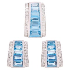 18K White Gold Channel Set Blue Topaz Taper Baguette Pendant Earrings Set 