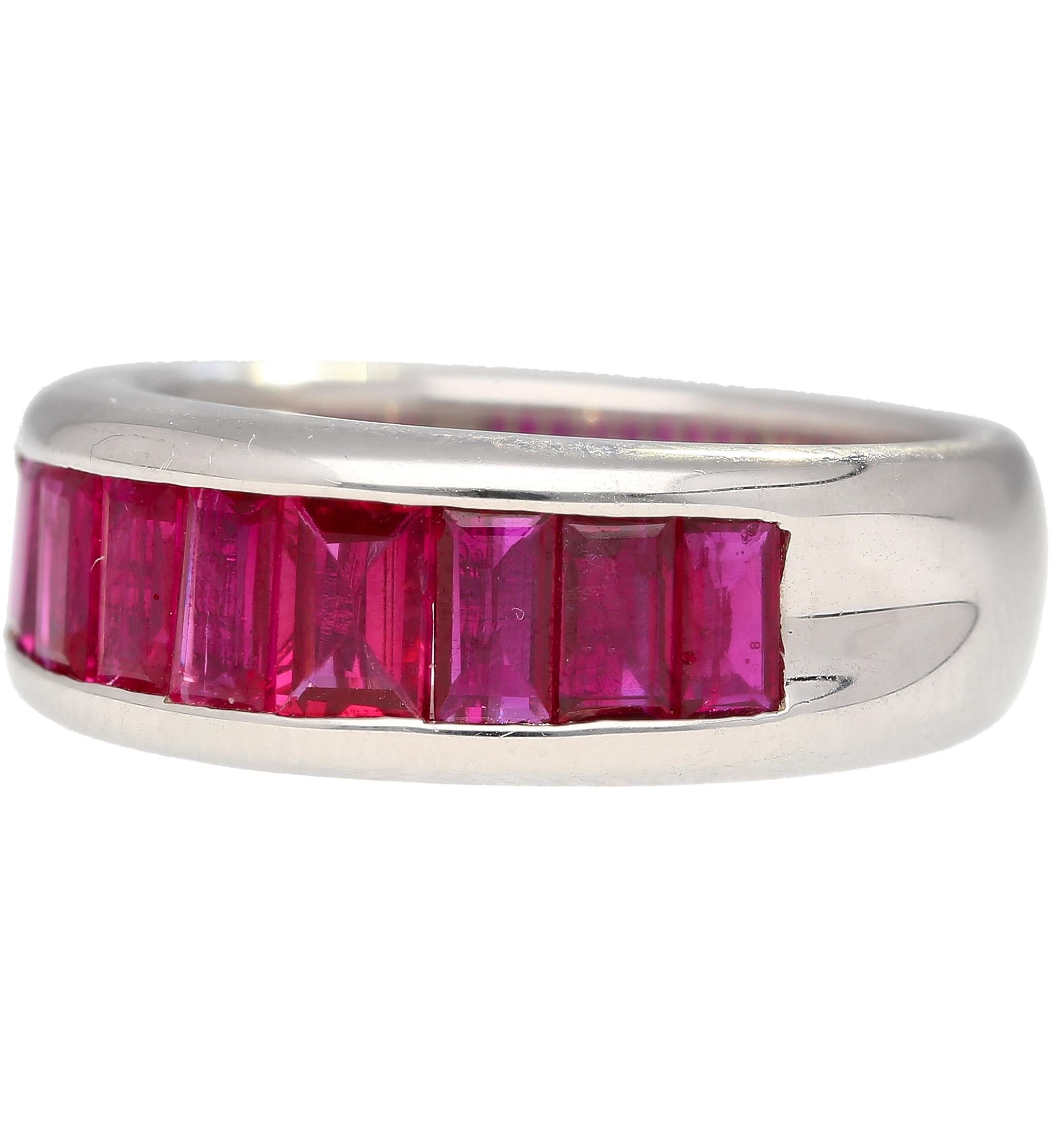 Modern 18K White Gold Channel Set Natural Baguette Cut One-Row Ruby Band Ring For Sale