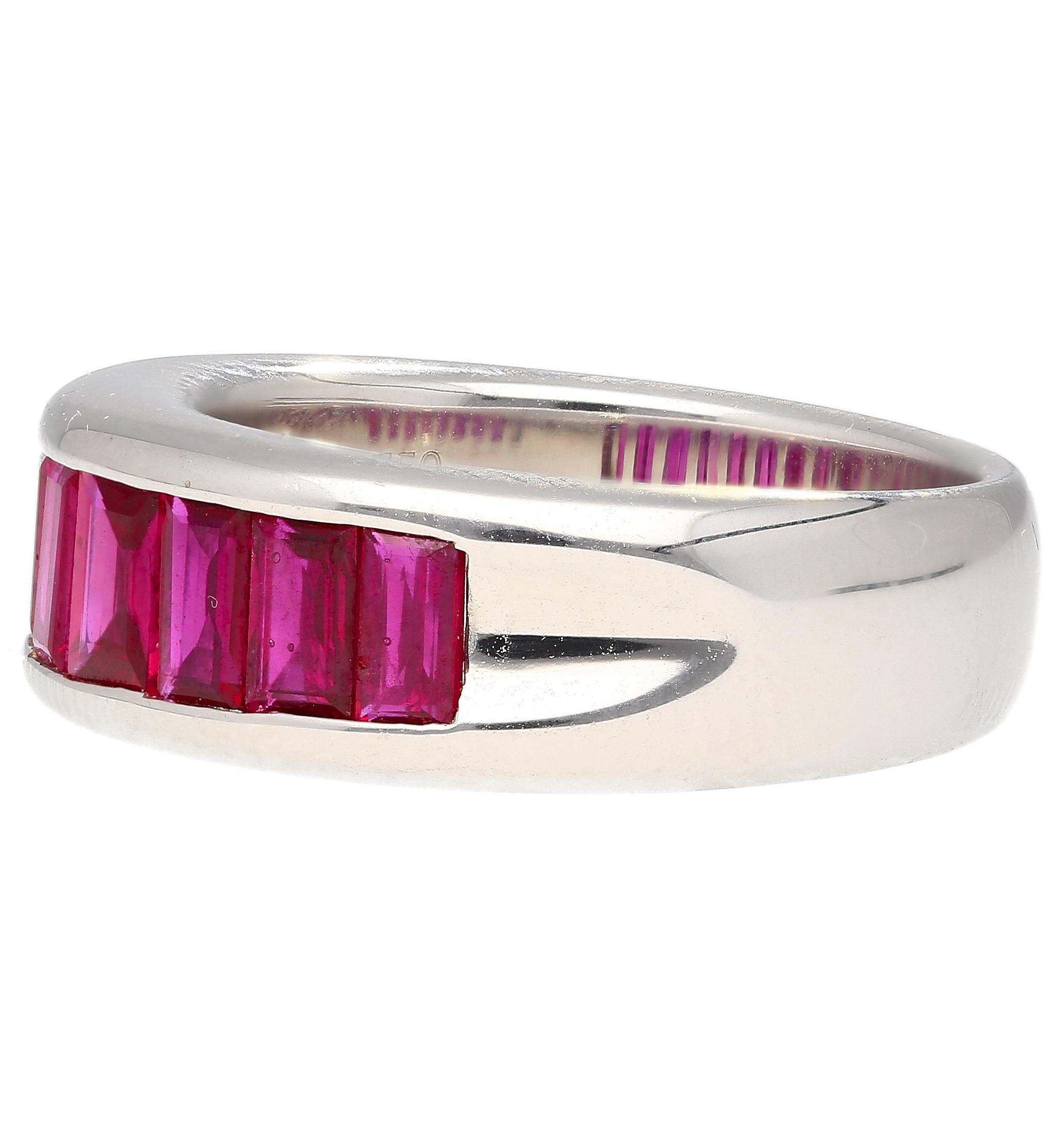 18K White Gold Channel Set Natural Baguette Cut One-Row Ruby Band Ring In New Condition For Sale In Miami, FL