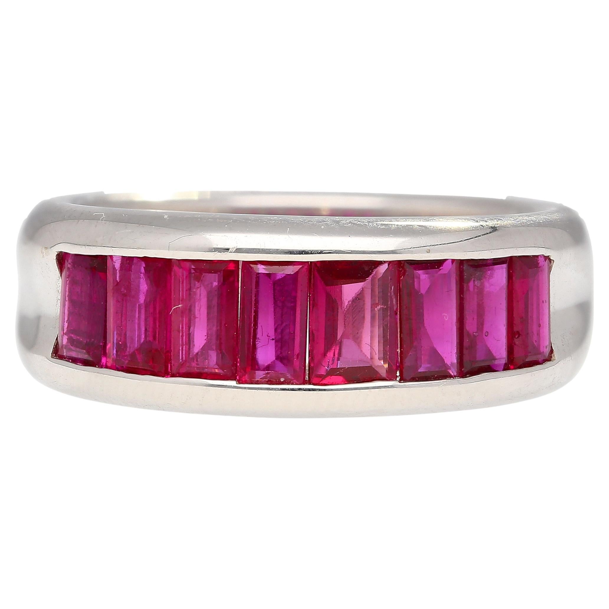 18K White Gold Channel Set Natural Baguette Cut One-Row Ruby Band Ring For Sale