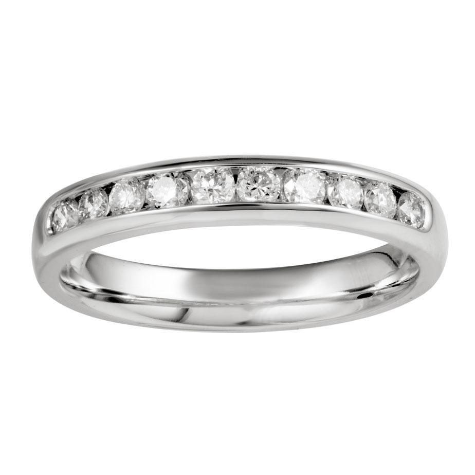 18k white gold diamond set half eternity, featuring a row of 10 channel set round brilliant cut diamonds, with 0.36cts in total.
Diamonds are 100% natural, earth mined and are G colour Si clarity.
Finger size UK M but can be adjusted.

Gemsake is a