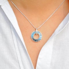14K White Gold Channel Set Taper Baguette Blue Topaz Diamond Circle Pendant