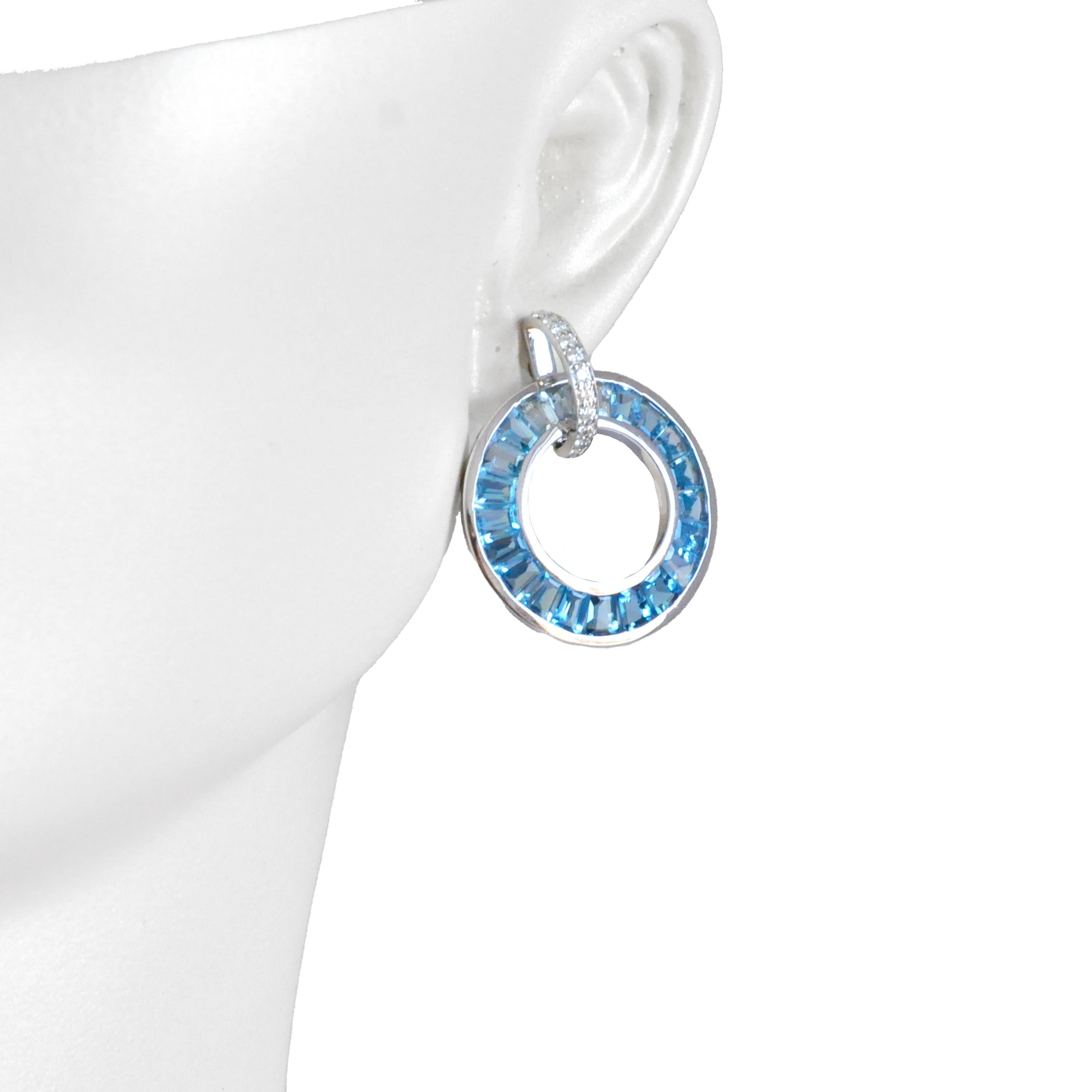 Art Deco 18K White Gold Channel-Set Tapered Baguette Blue Topaz Diamond Circle Earrings For Sale