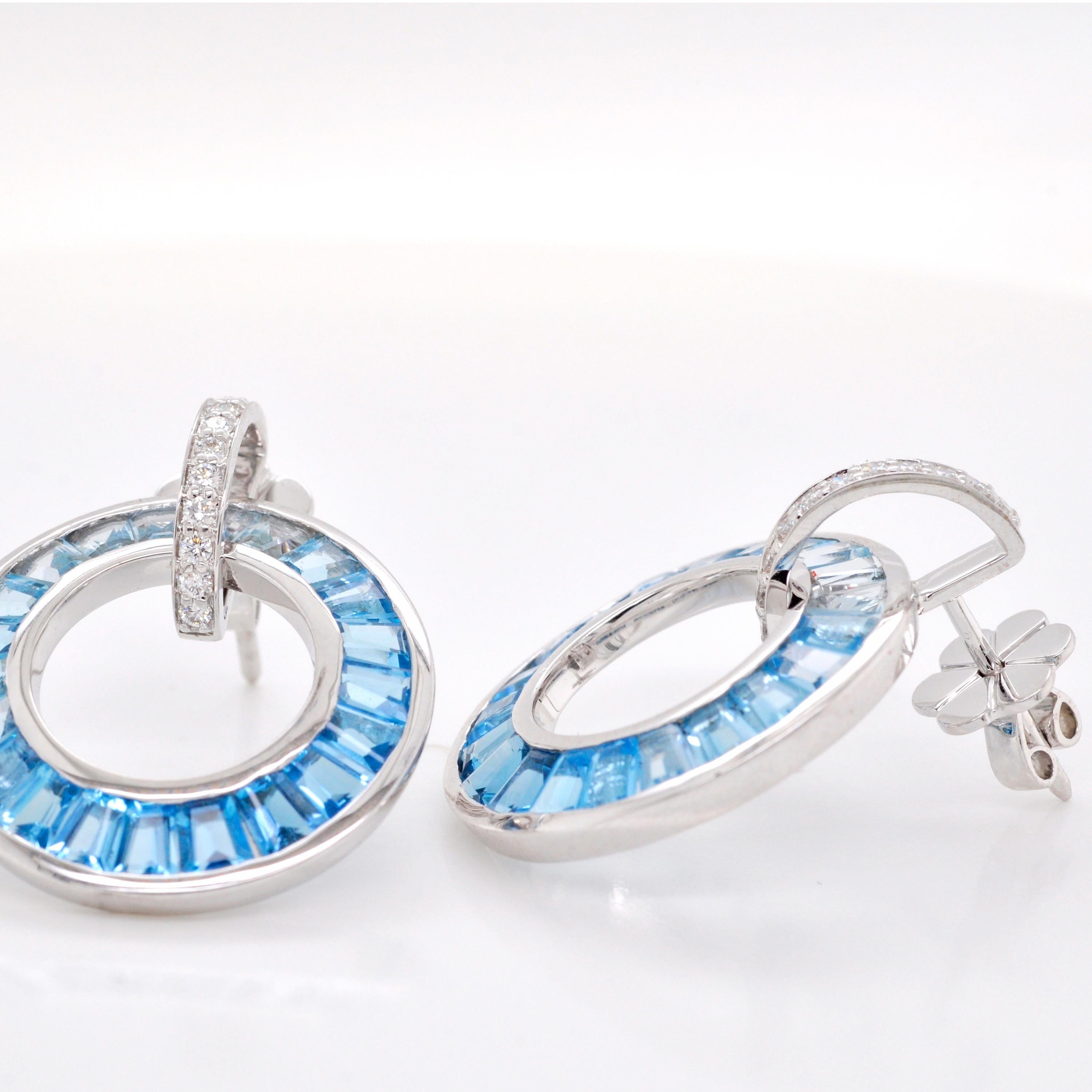 Women's 18K White Gold Channel-Set Tapered Baguette Blue Topaz Diamond Circle Earrings For Sale