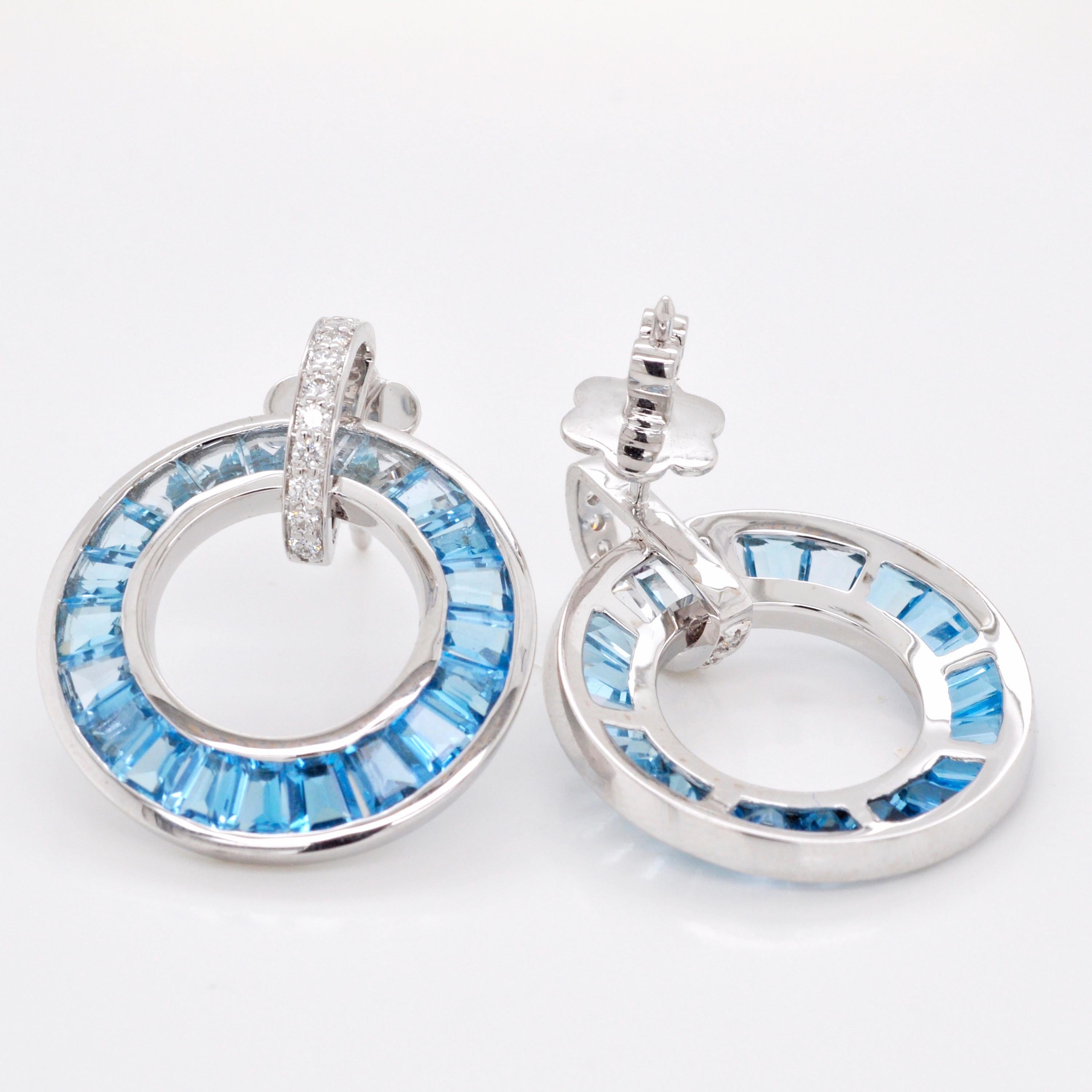 18K White Gold Channel-Set Tapered Baguette Blue Topaz Diamond Circle Earrings For Sale 1