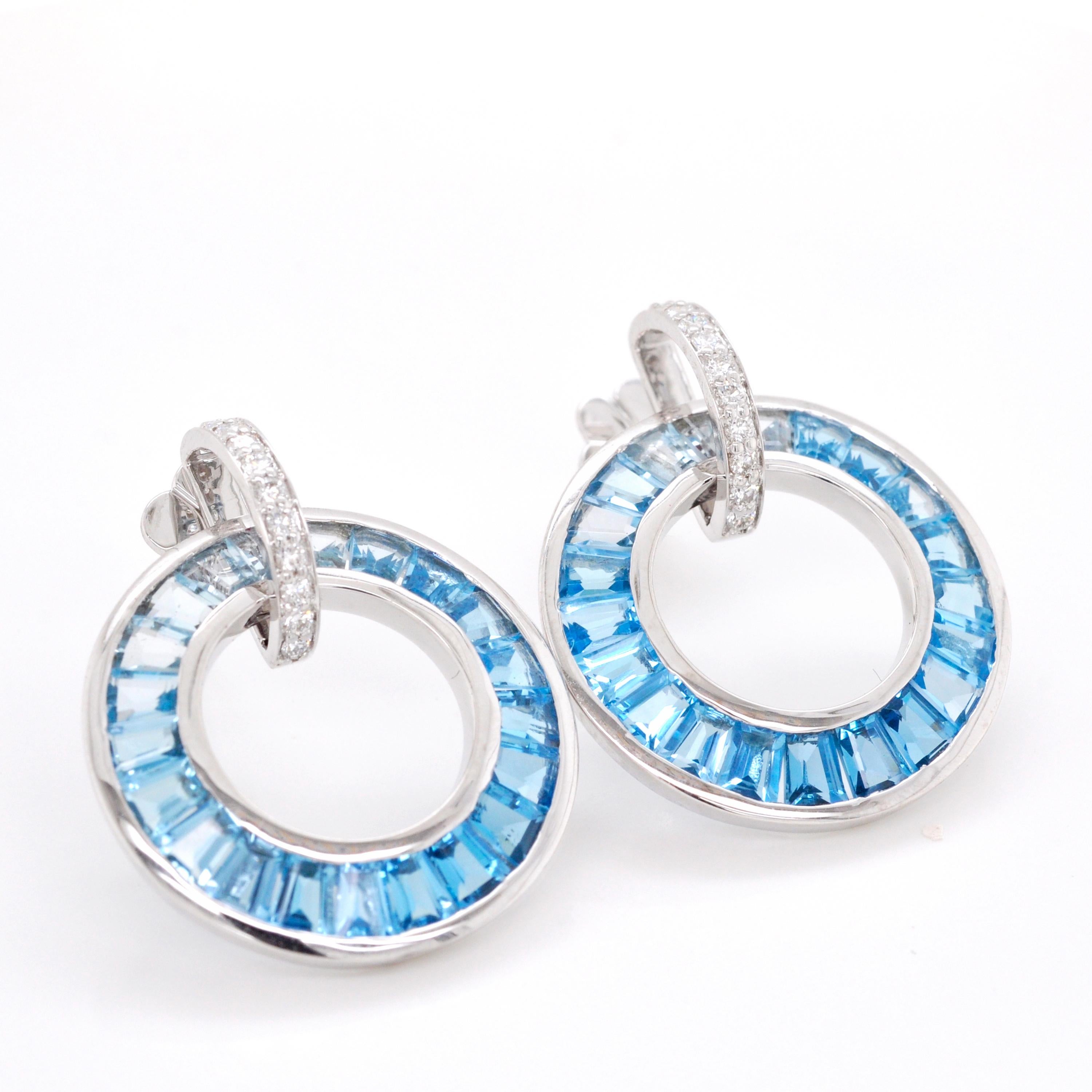 18K White Gold Channel-Set Tapered Baguette Blue Topaz Diamond Circle Earrings For Sale 2
