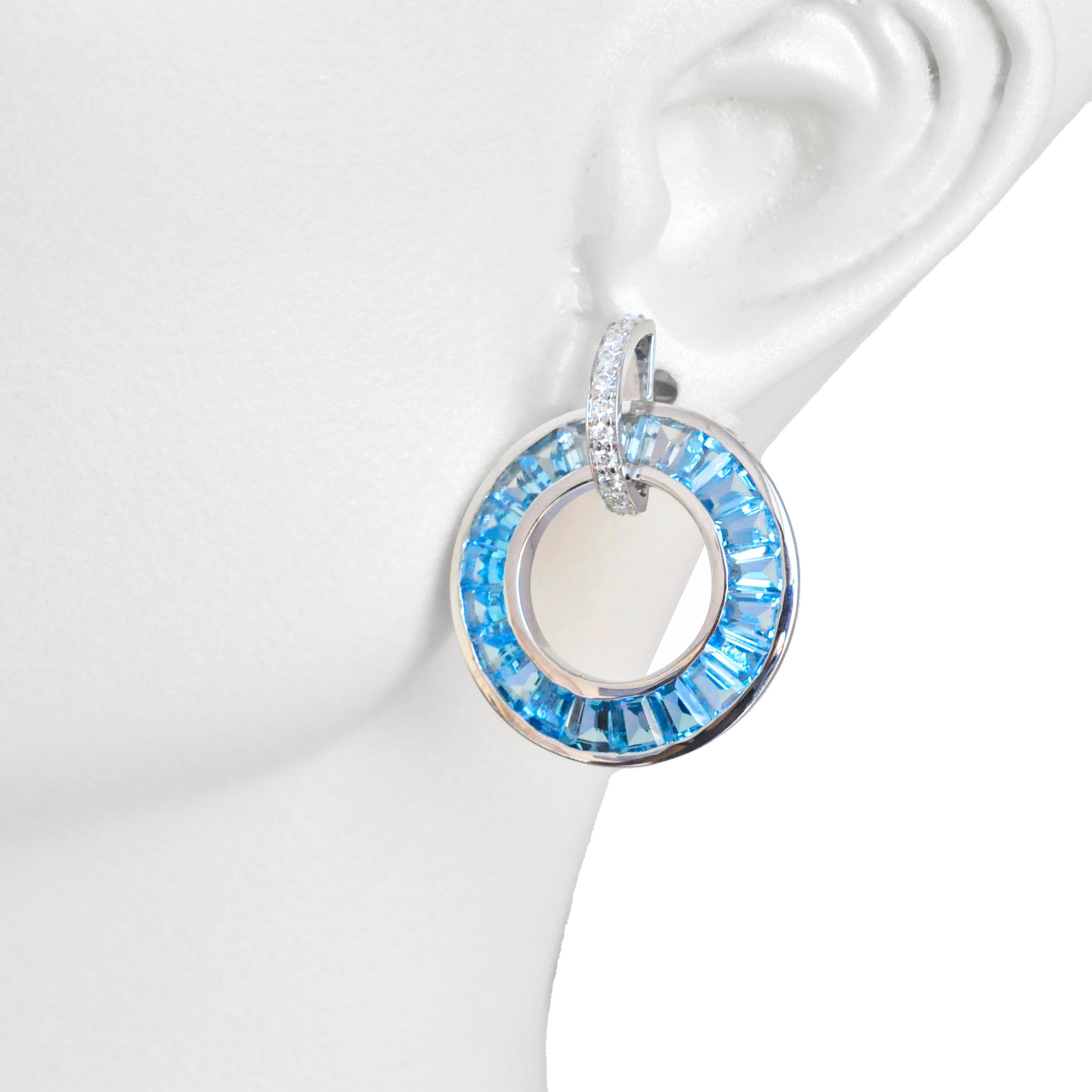 18K White Gold Channel-Set Tapered Baguette Blue Topaz Diamond Circle Earrings For Sale 3