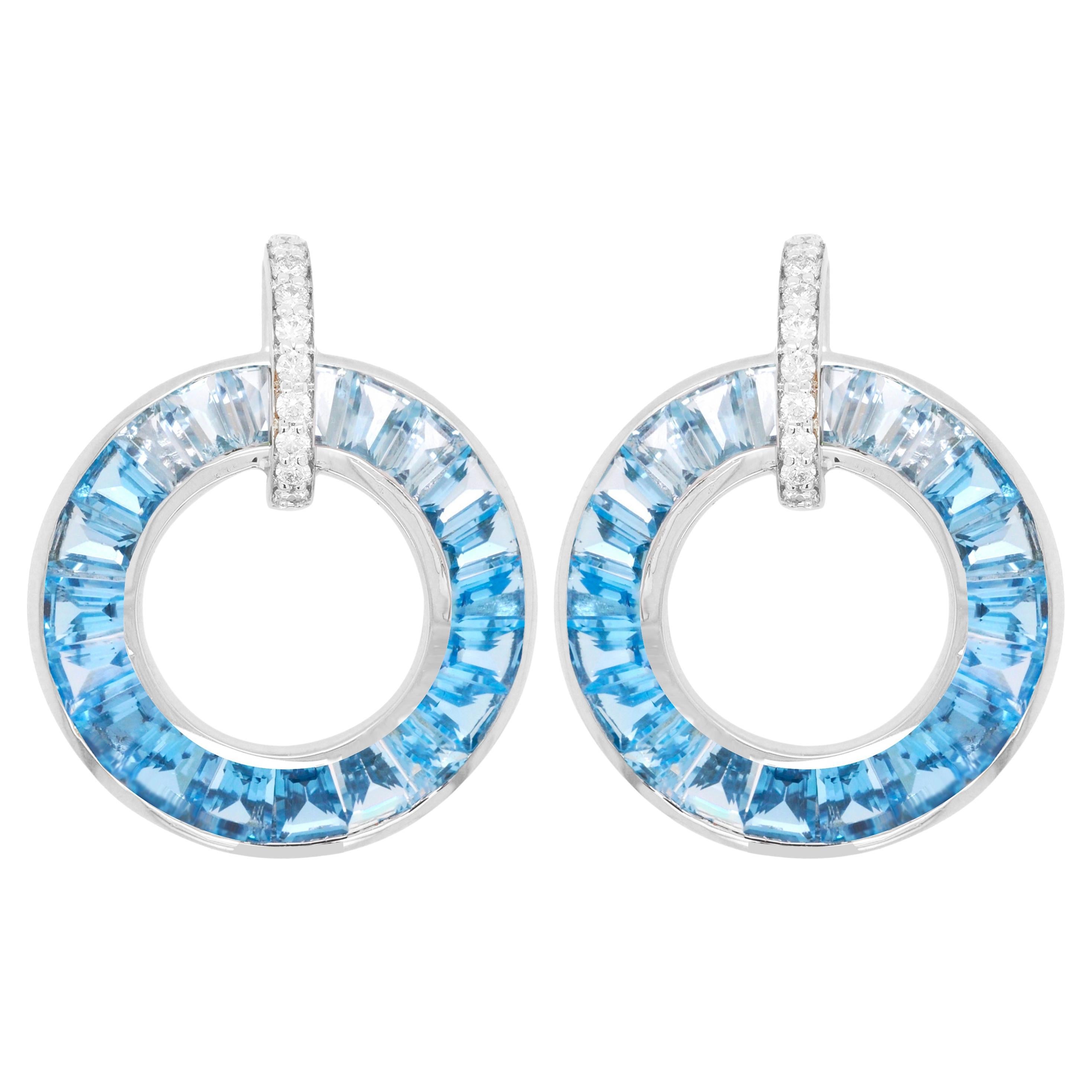 18K White Gold Channel-Set Tapered Baguette Blue Topaz Diamond Circle Earrings For Sale