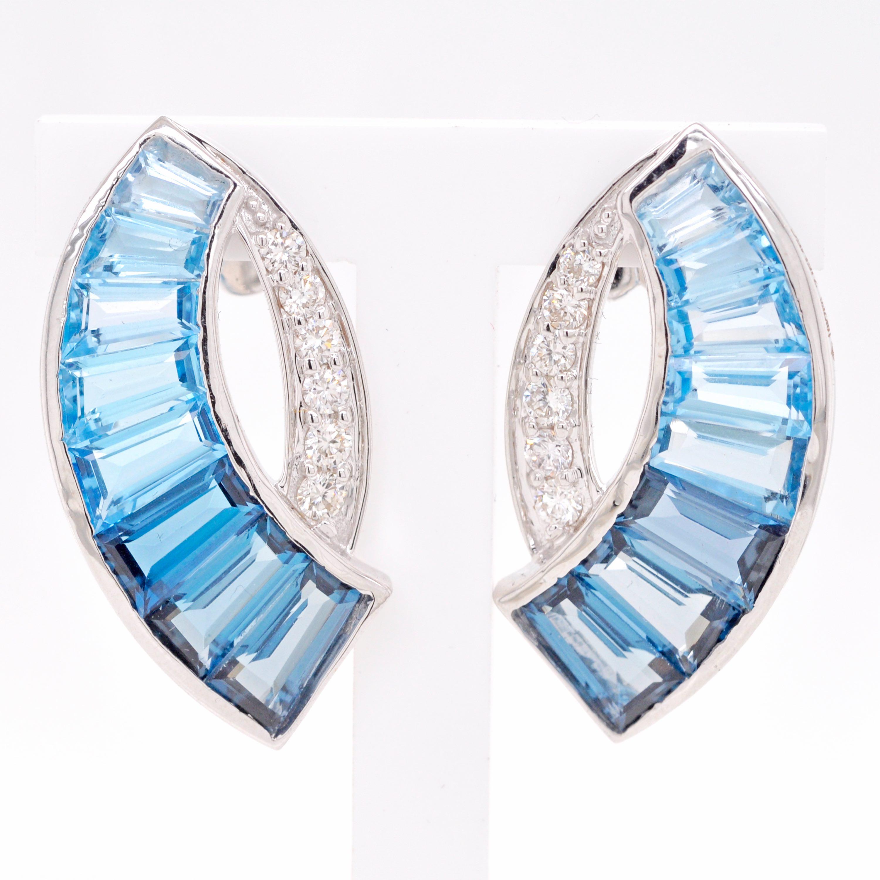 18K White Gold Channel Set Tapered Baguettes Blue Topaz Sword Stud Earrings For Sale 1