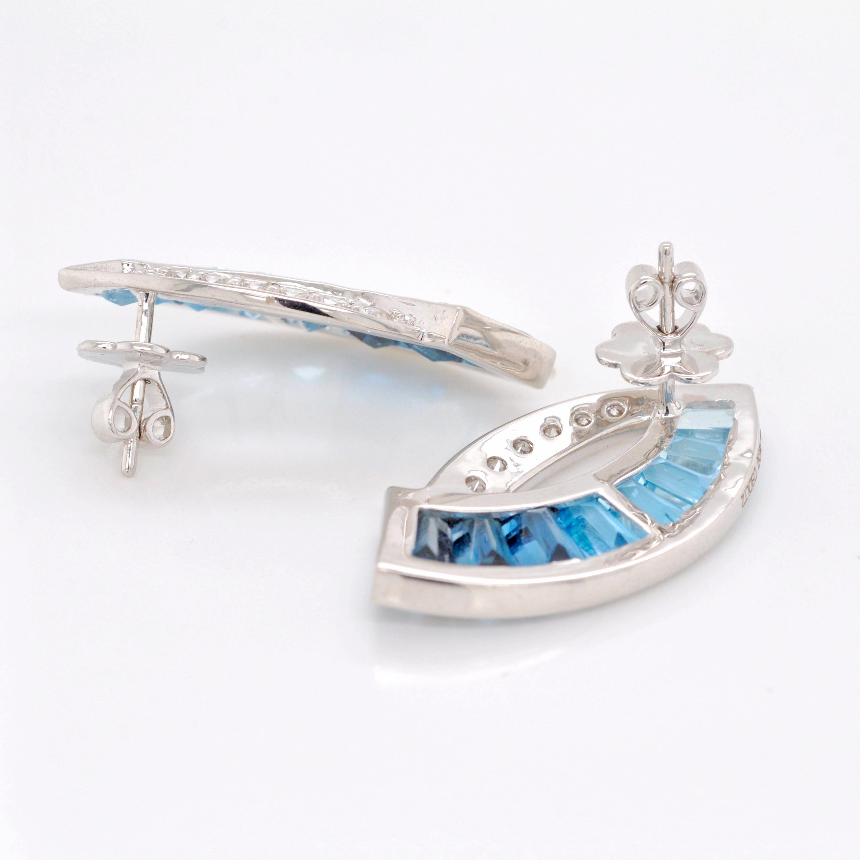 18K White Gold Channel Set Tapered Baguettes Blue Topaz Sword Stud Earrings For Sale 2