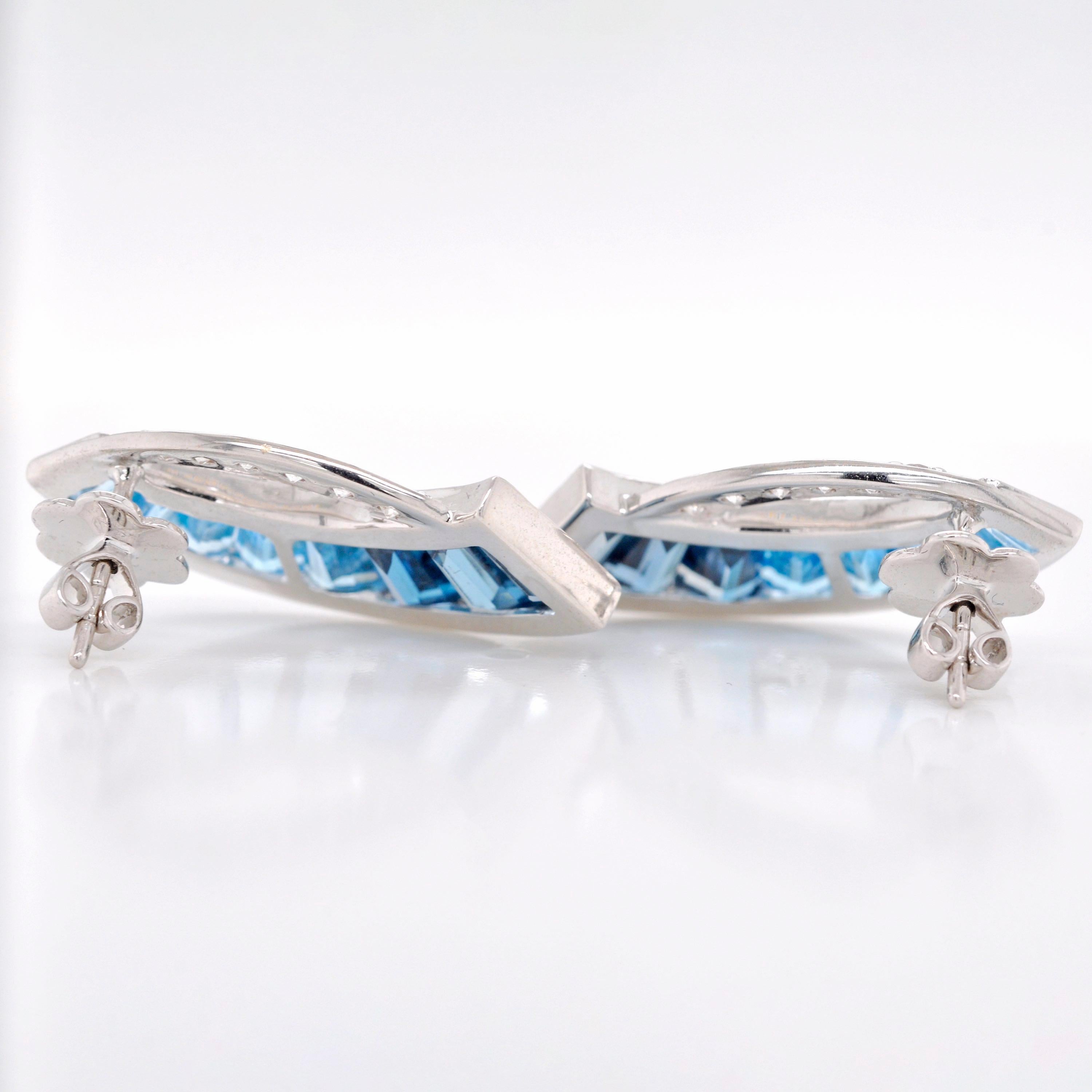 18K White Gold Channel Set Tapered Baguettes Blue Topaz Sword Stud Earrings For Sale 3