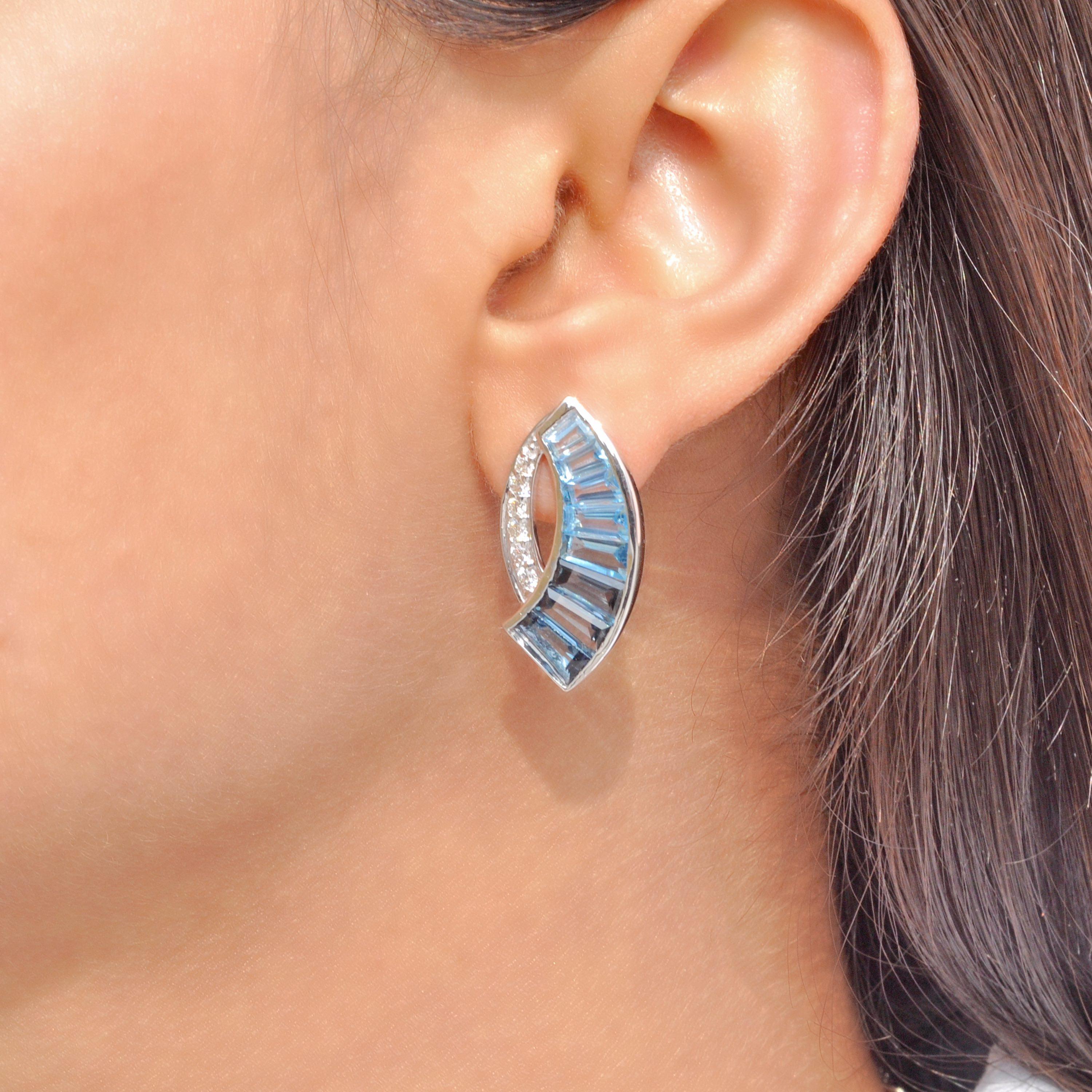 18K White Gold Channel Set Tapered Baguettes Blue Topaz Sword Stud Earrings For Sale 4