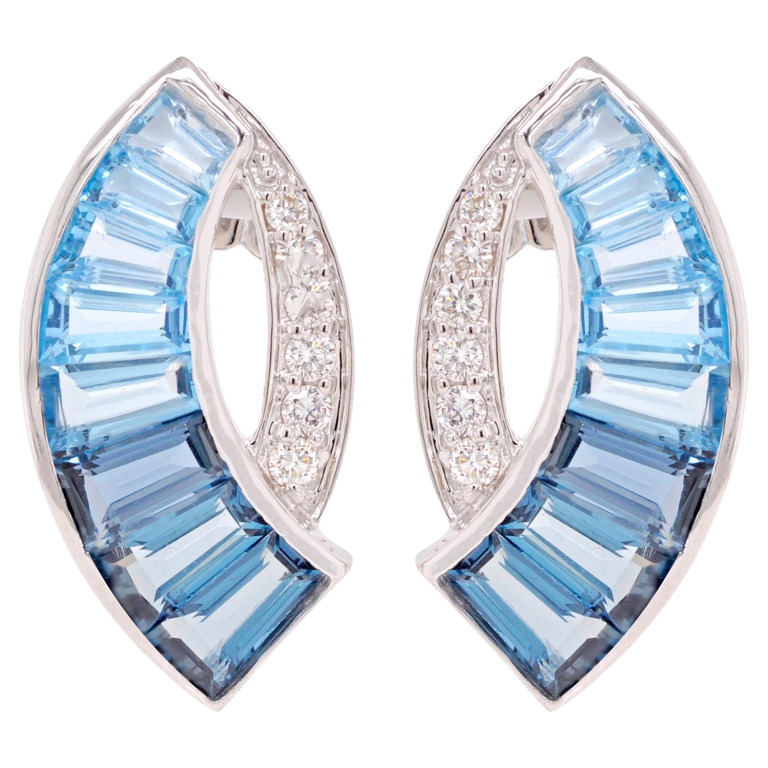 18K White Gold Channel Set Tapered Baguettes Blue Topaz Sword Stud Earrings