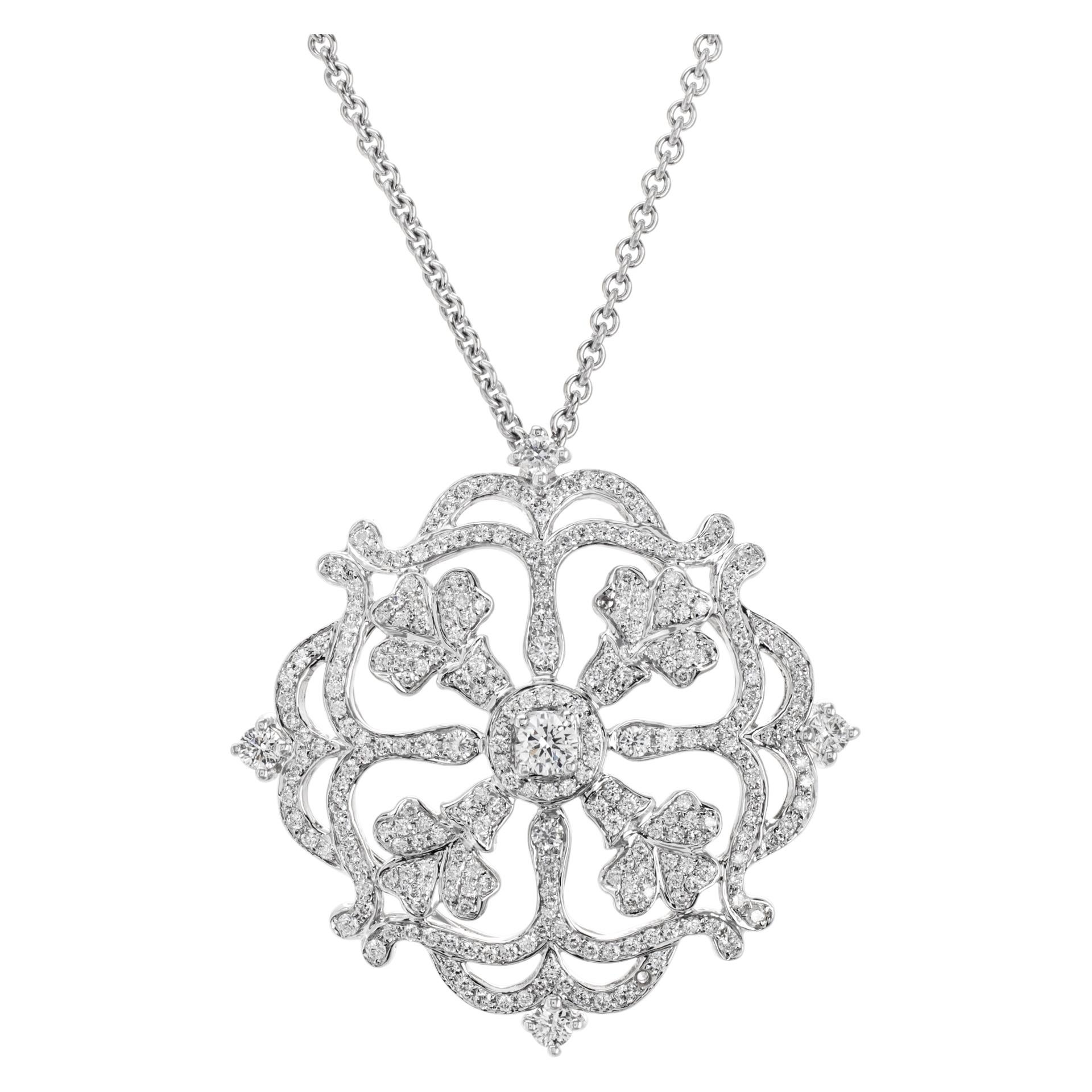 Charles Krypell diamond pave large Floral Amulet Precious Pastel Collection pendant necklace in 18k white gold with 1.90 carats in G-H, VS diamonds. Total lenght 20 inches. Pendant: length 1.25 inches by width 1.25 inches. For matching bracelet see