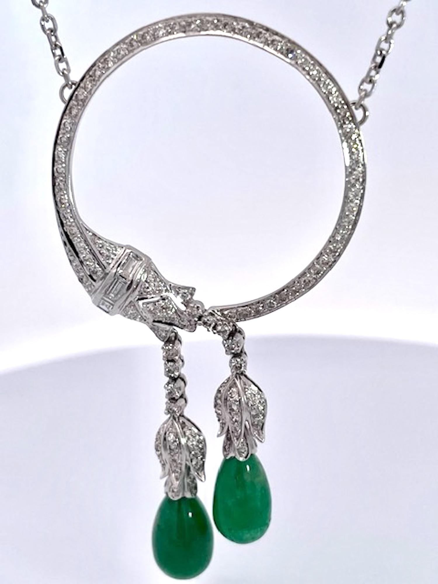 Round Cut 18K White Gold Circle Pin Encrusted w/ Diamonds & Emerald Drops For Sale