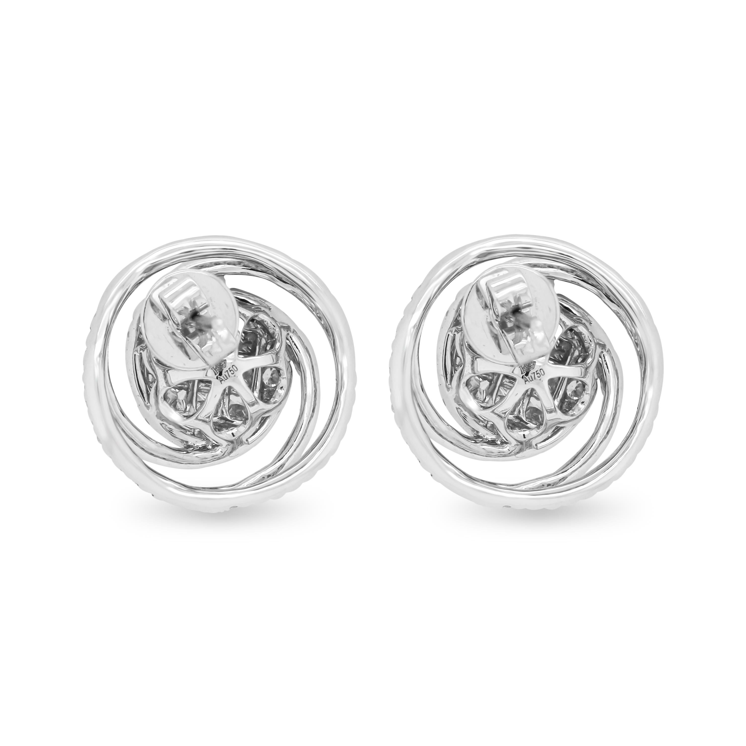 18K White Gold Circle Spiral Stud Earrings with Princess and Round Cut Diamonds

These unique earrings feature a spiral, circle design with round diamonds on the edges and princess-cut diamonds in the center

2.79 carat G color, VS clarity diamonds