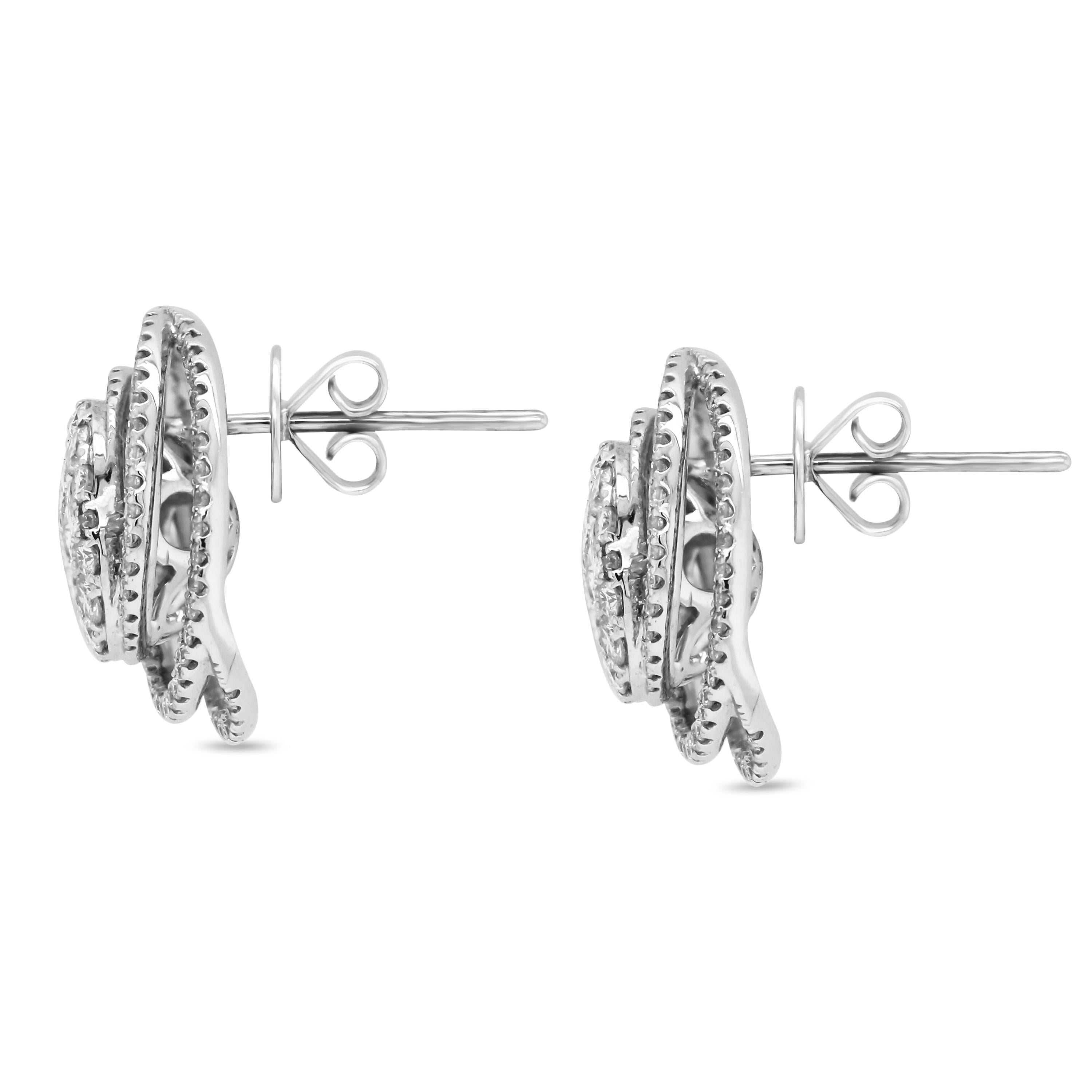 Princess Cut 18 Karat Gold Circle Spiral Stud Earrings with Princess and Round Cut Diamonds For Sale