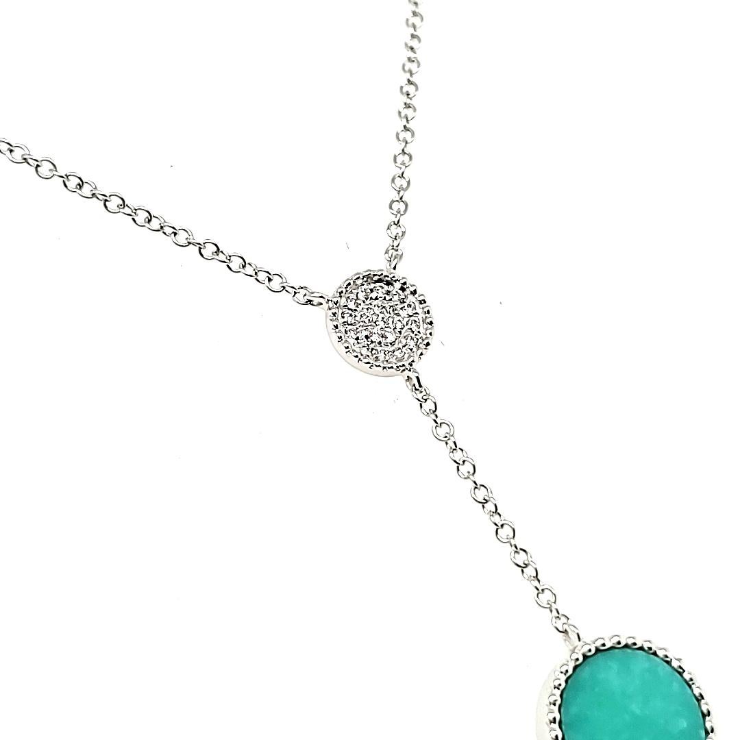 Contemporary 18k White Gold Circle Turquoise Cts 0.88 and Round Diamond Lariat Necklace For Sale