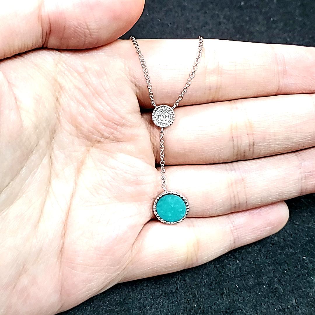18k White Gold Circle Turquoise Cts 0.88 and Round Diamond Lariat Necklace In New Condition For Sale In Hong Kong, HK