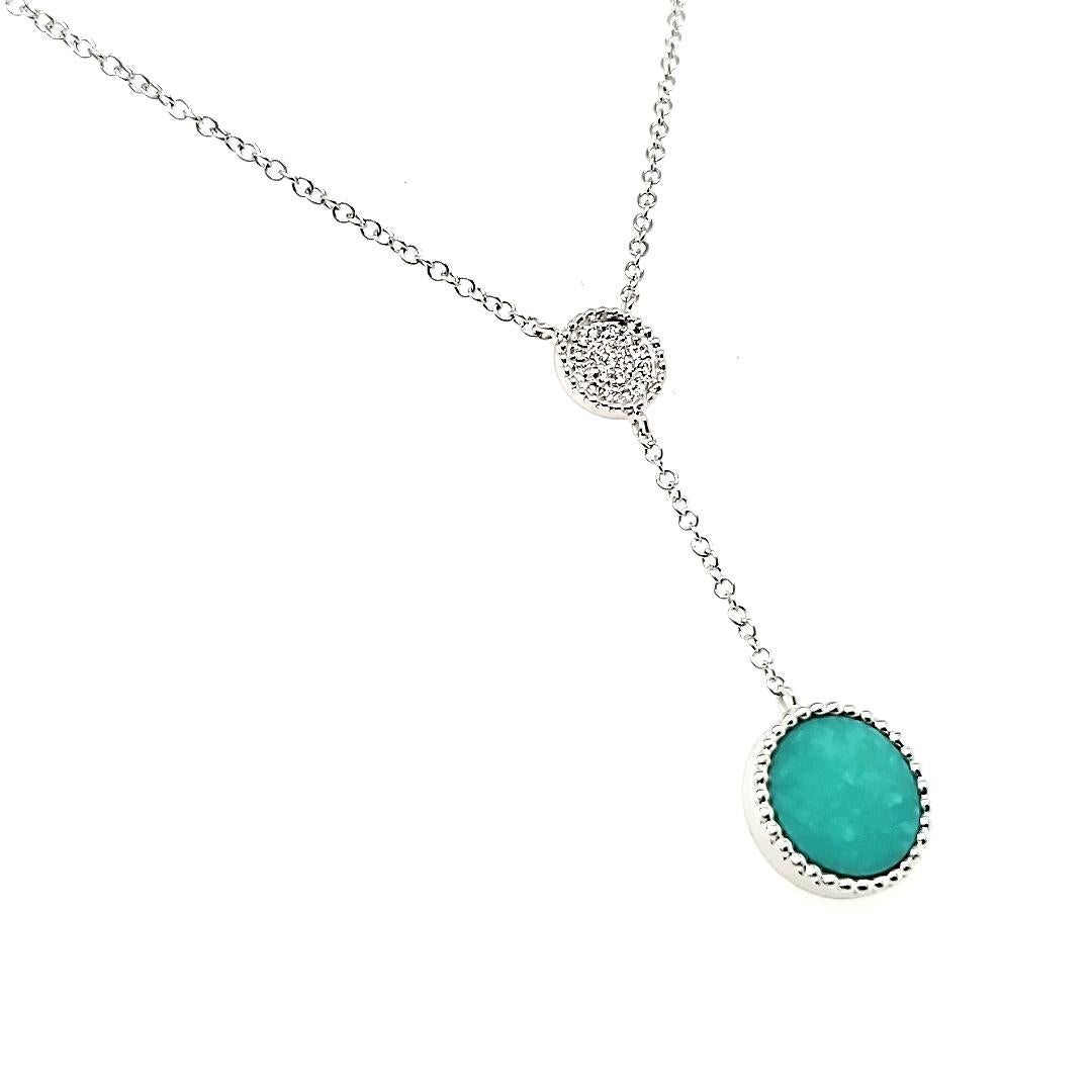 18k White Gold Circle Turquoise Cts 0.88 and Round Diamond Lariat Necklace
