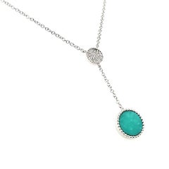 18k White Gold Circle Turquoise Cts 0.88 and Round Diamond Lariat Necklace