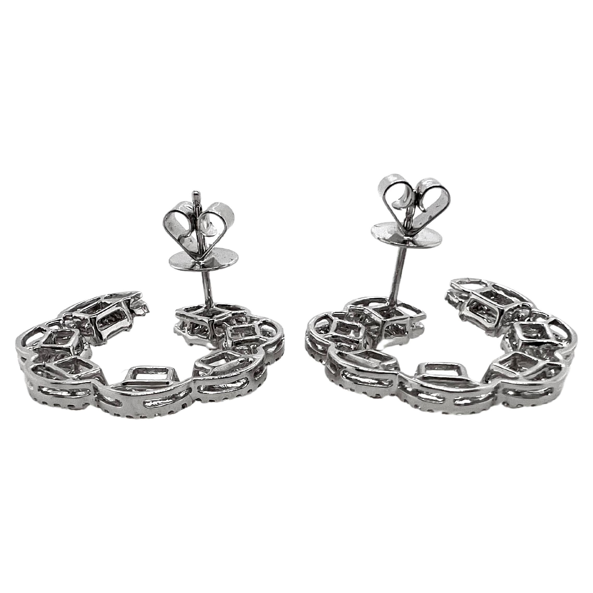 Baguette Cut 18k White Gold Circular Shaped Baguette and Round Diamond Earrings For Sale