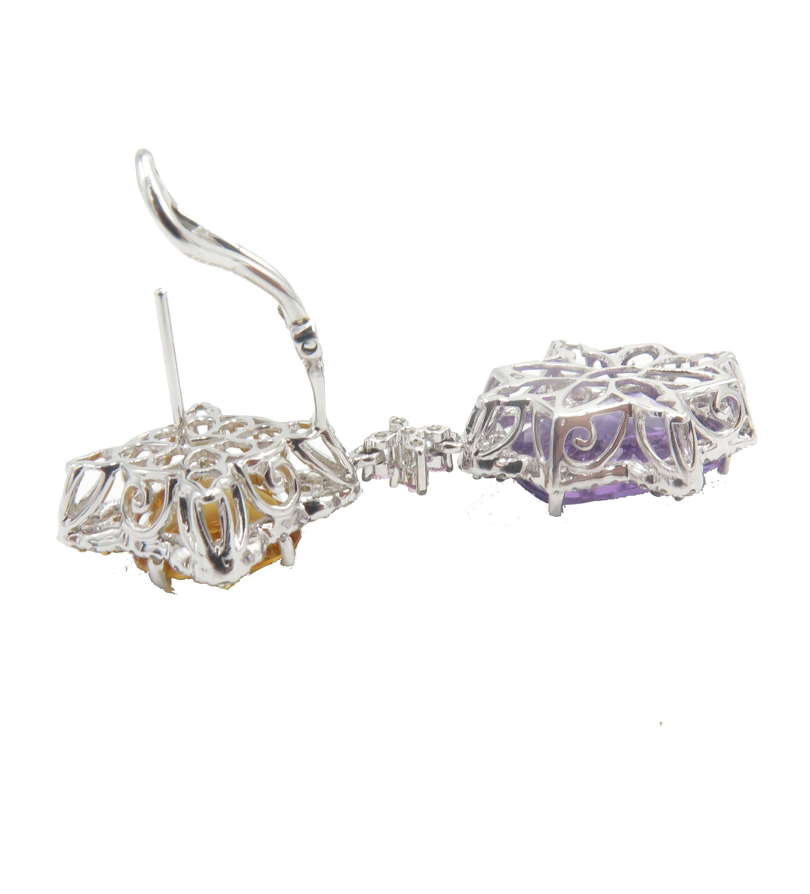 Round Cut 18 Karat White Gold Citrine and Amethyst Dangle Earrings For Sale