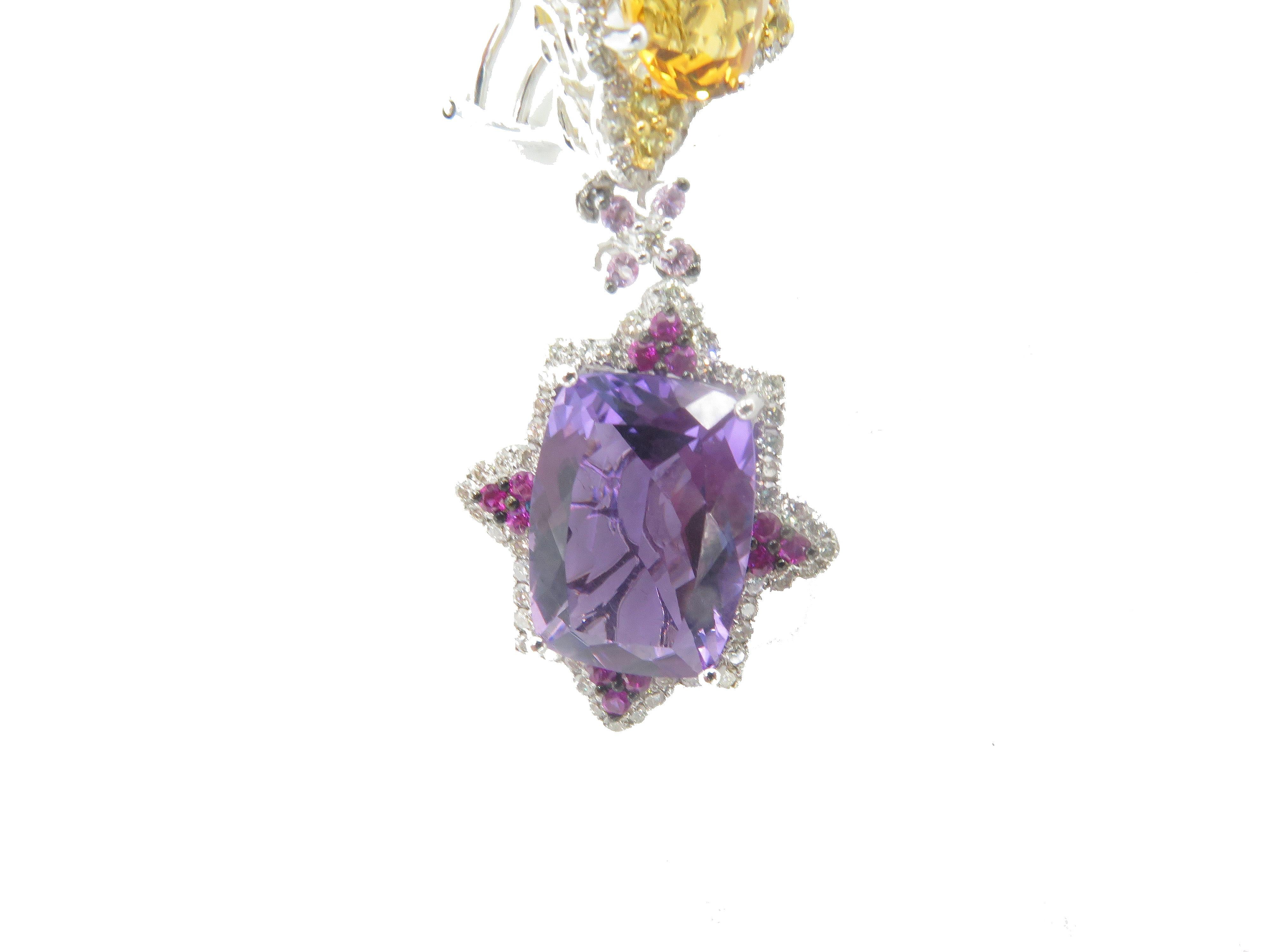 18 Karat White Gold Citrine and Amethyst Dangle Earrings In Excellent Condition For Sale In West Palm Beach, FL