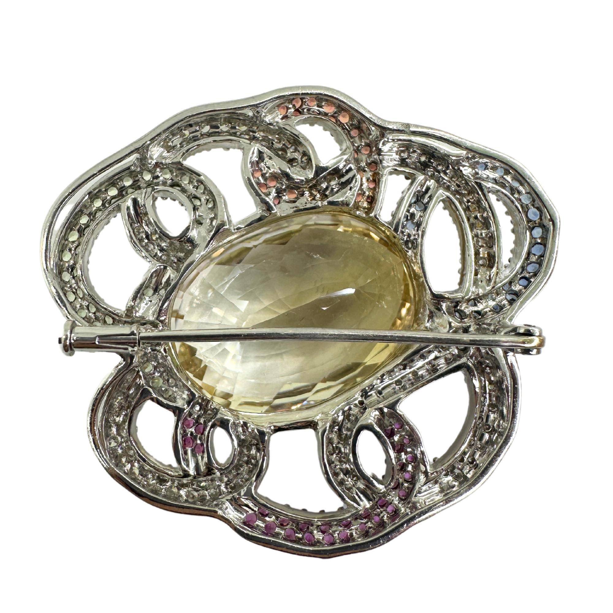 Modern 18K White Gold Citrine, Diamond and Multi Sapphire Brooch For Sale