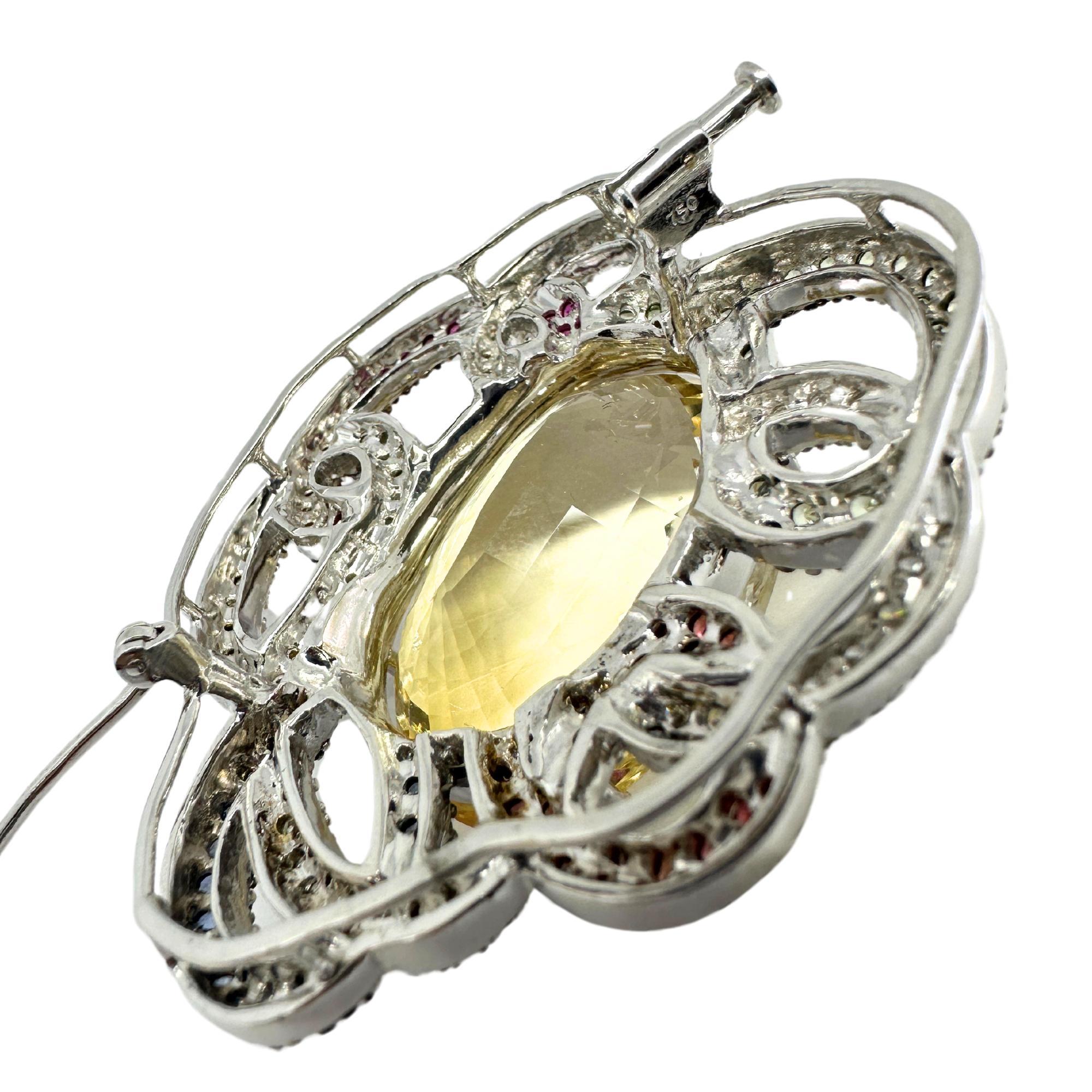 Round Cut 18K White Gold Citrine, Diamond and Multi Sapphire Brooch For Sale