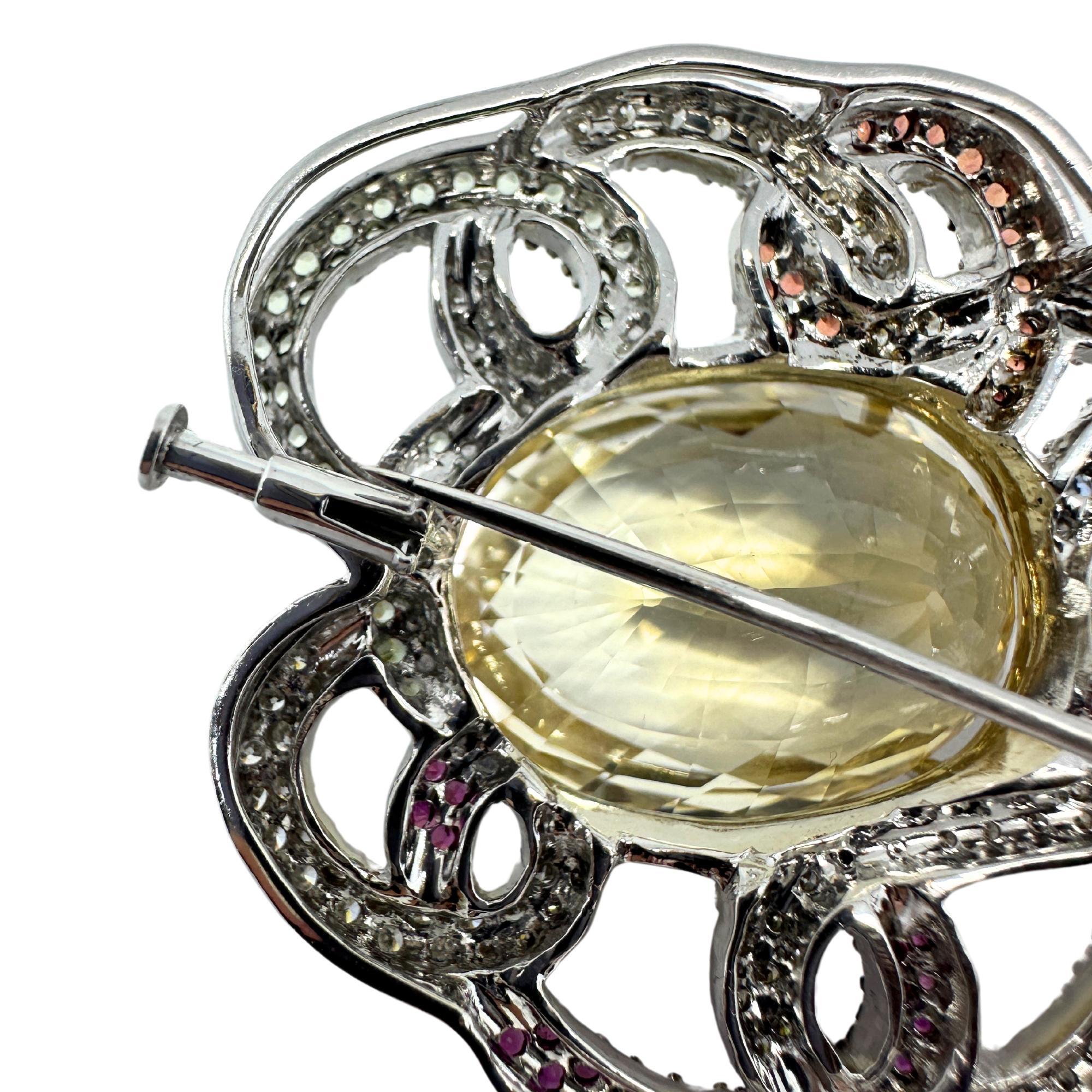 18K White Gold Citrine, Diamond and Multi Sapphire Brooch In Good Condition For Sale In New York, NY