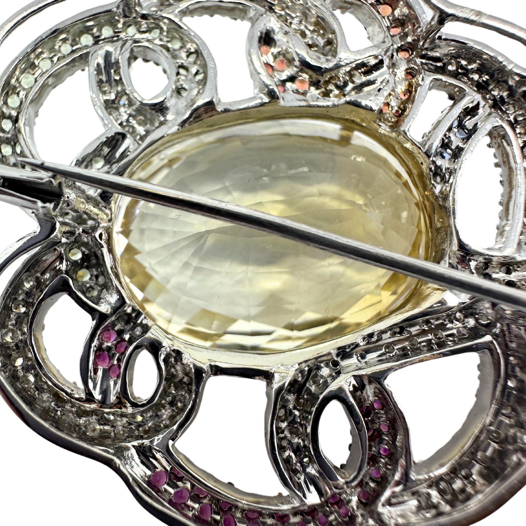 Women's 18K White Gold Citrine, Diamond and Multi Sapphire Brooch For Sale