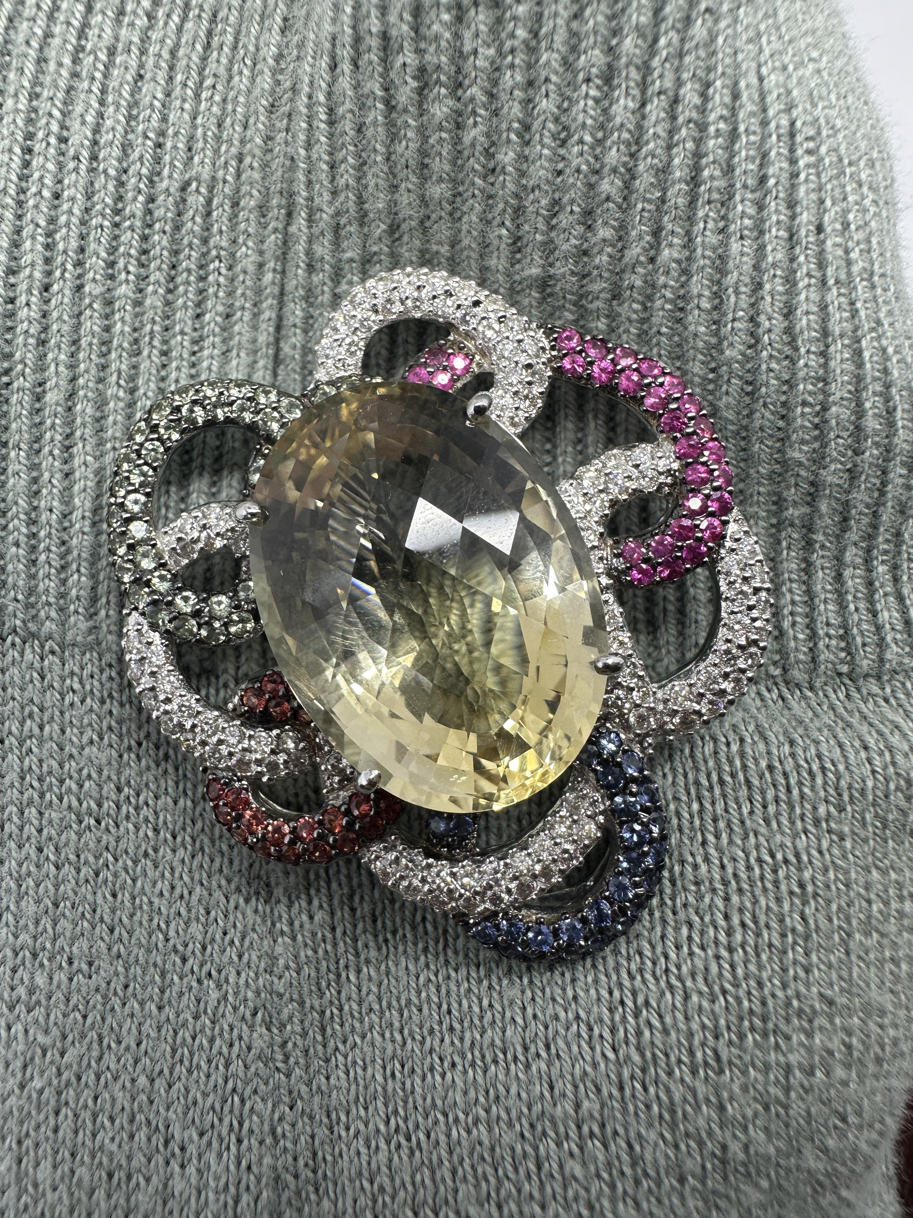 18K White Gold Citrine, Diamond and Multi Sapphire Brooch For Sale 1