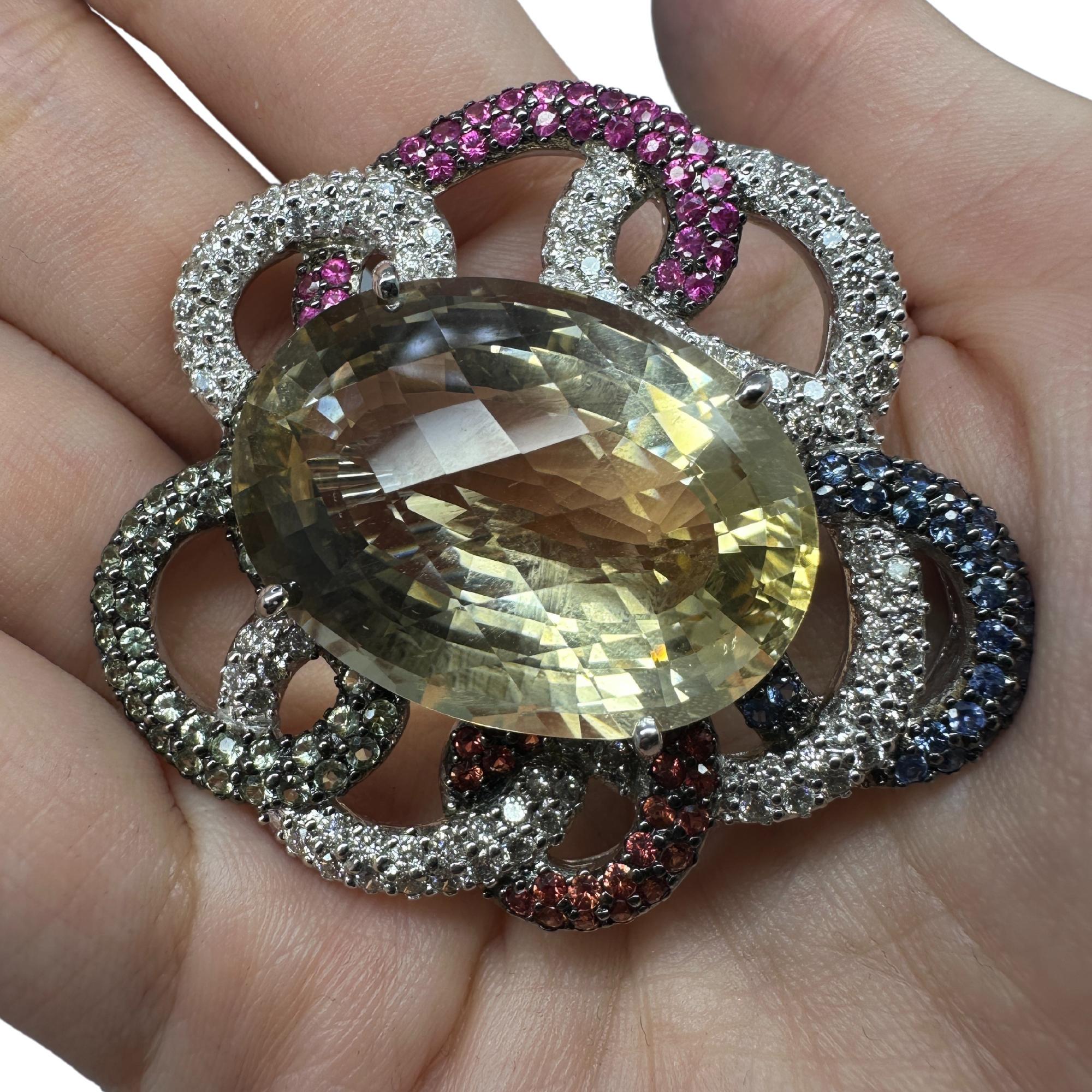 18K White Gold Citrine, Diamond and Multi Sapphire Brooch For Sale 3