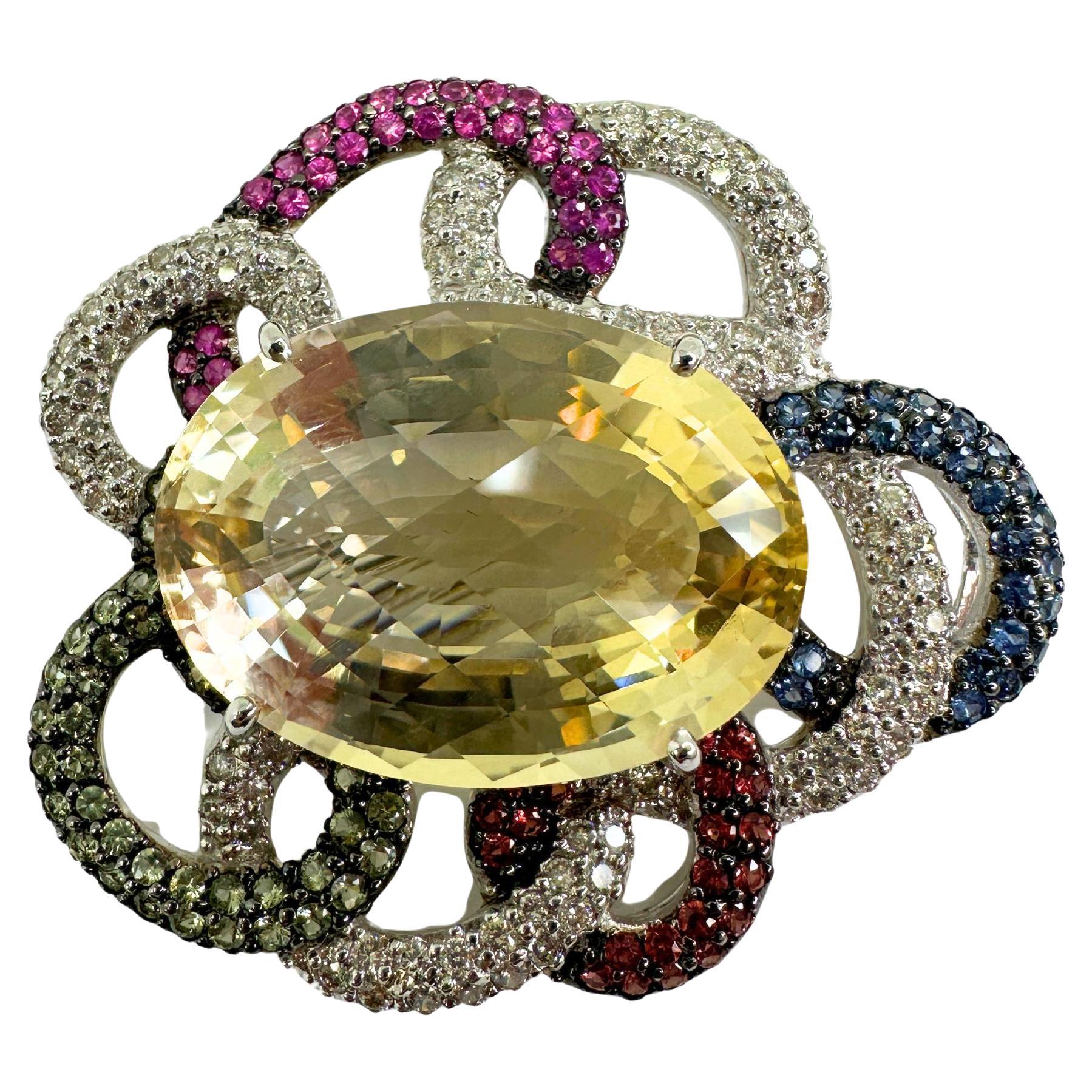 18K White Gold Citrine, Diamond and Multi Sapphire Brooch