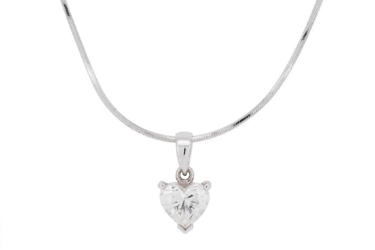 Stunning classic heart solitaire necklace made from 18k white gold with 1.11 carat of a heart shape diamond. This necklace comes with a GIA report and a fancy box.

Main Stone:
1 diamond main stone of 1.11 ct. 
cut: heart
color: G
clarity: