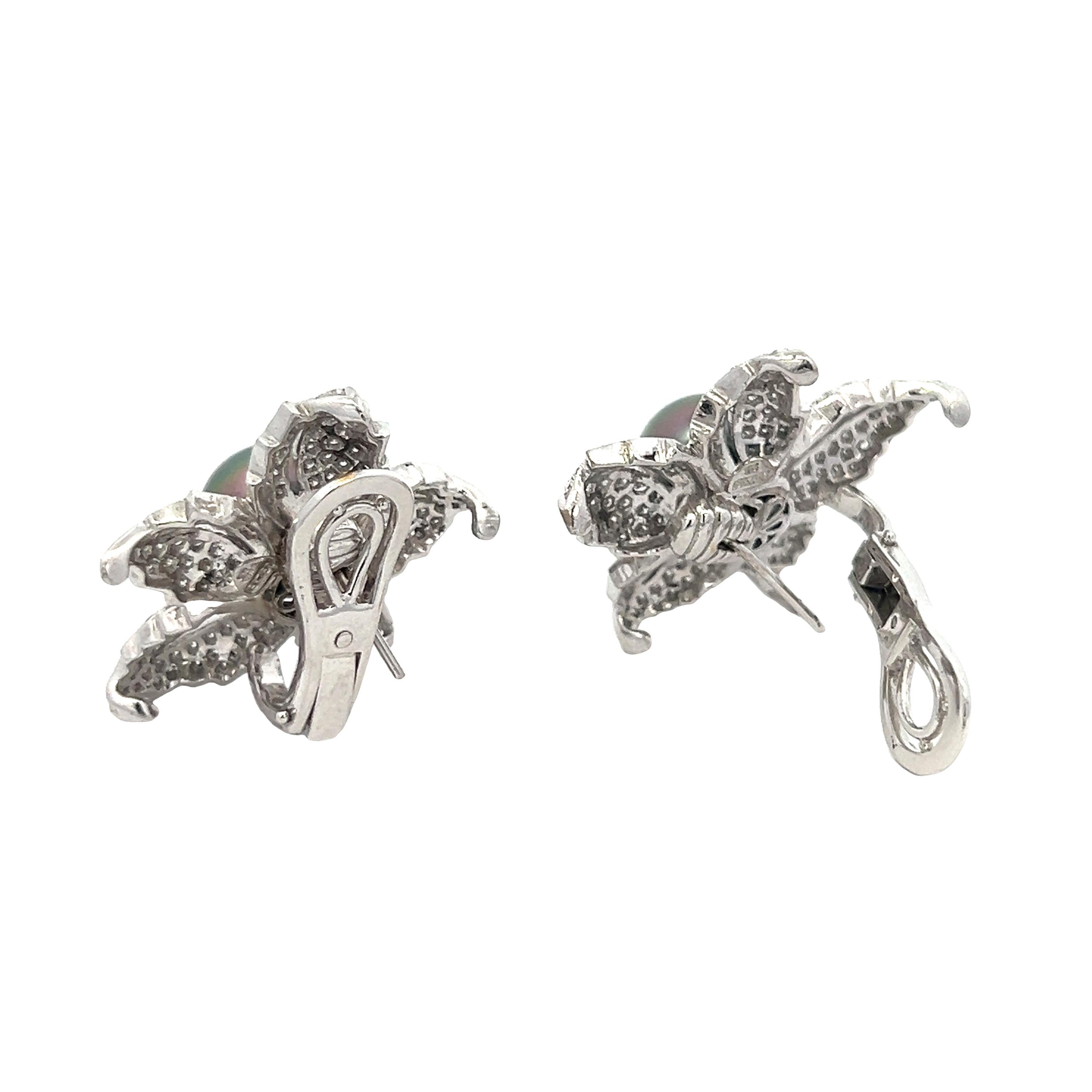Round Cut 18K White Gold Clip-on Flower Earrings with 6.05CT Diamonds & Tahitian Pearls For Sale