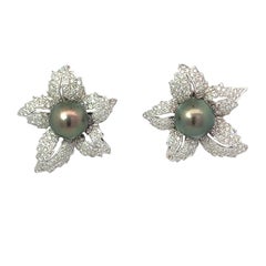 18K White Gold Clip-on Flower Earrings with 6.05CT Diamonds & Tahitian Pearls