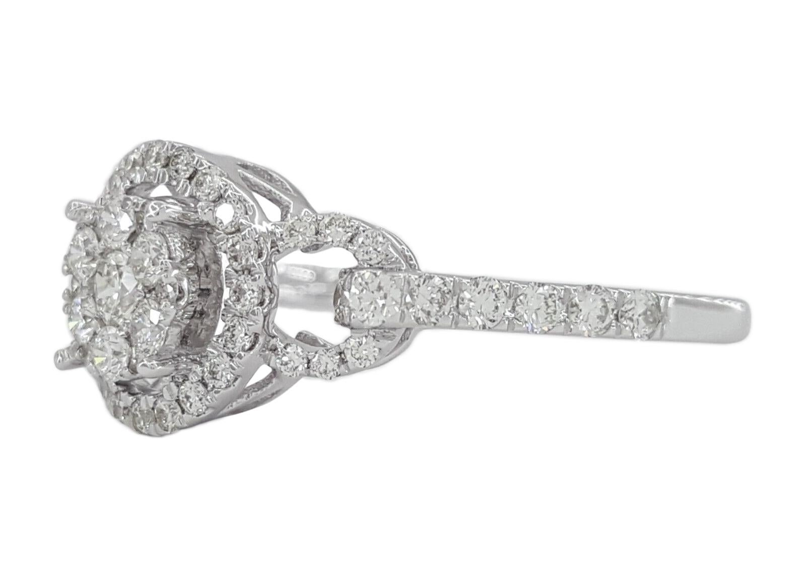 Modern 18K White Gold Cluster Halo Diamond Engagement Ring For Sale