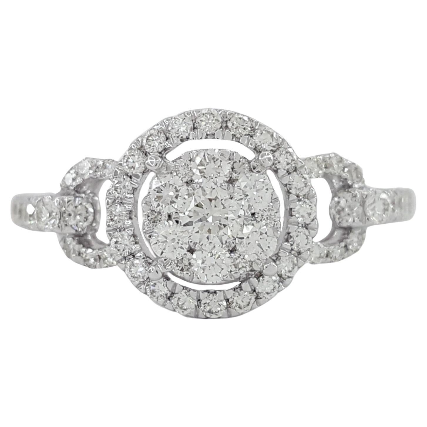 18K White Gold Cluster Halo Diamond Engagement Ring For Sale