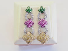 Boucles d'oreilles en or blanc 18 carats Tsavorite, Jaune, Saphir rose 0.64ct Diamond