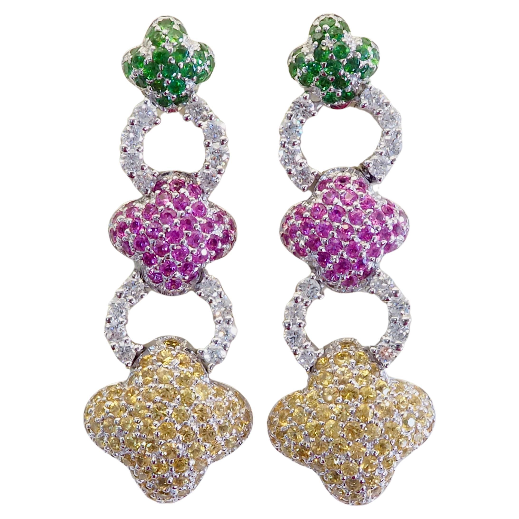 18K White Gold Cluster Tsavorite, Yellow, Pink Sapphire 0.64ct Diamond Earrings For Sale