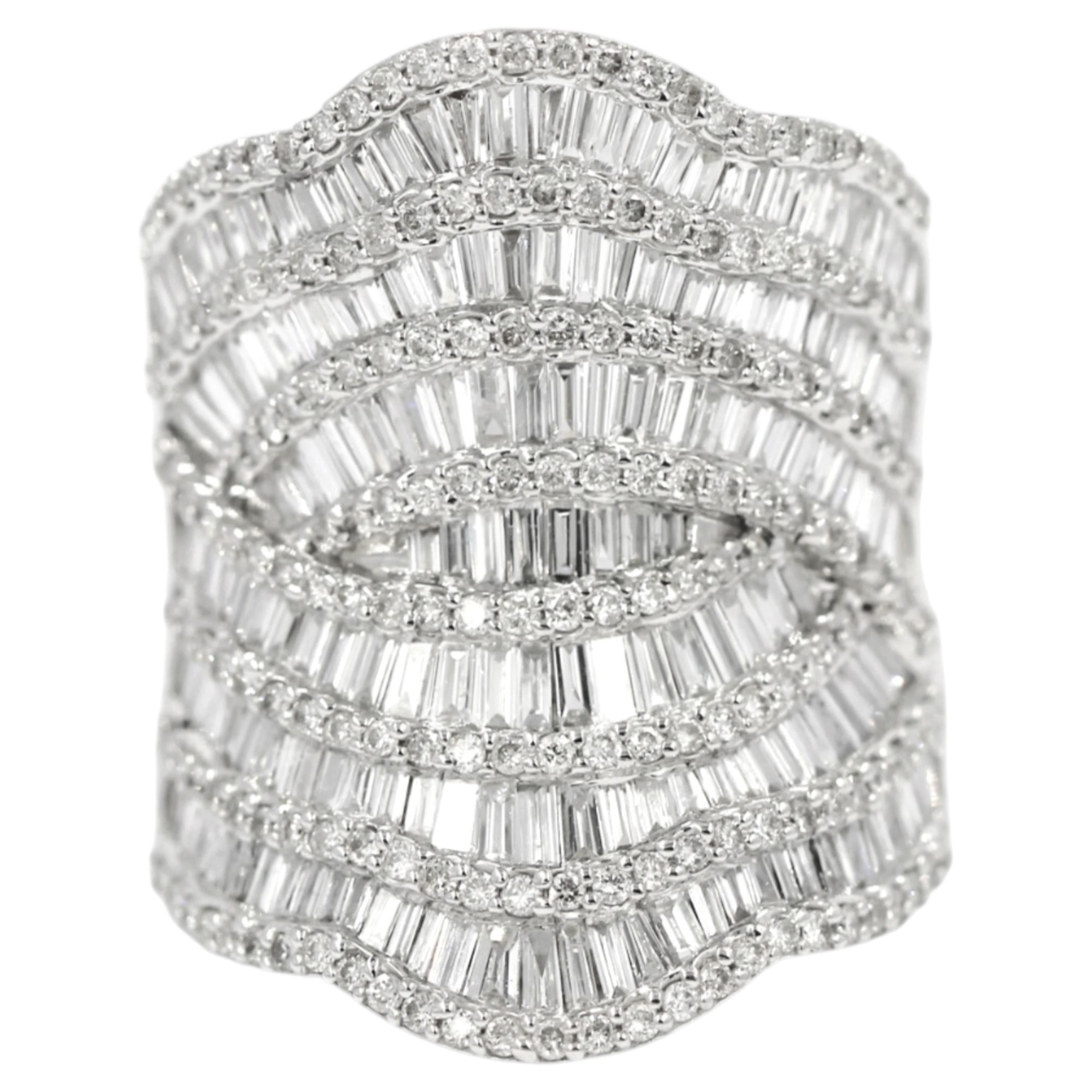 18K White Gold Cocktail Engagement Ring Natural Diamond Baguette/ Round 2.9 CTW