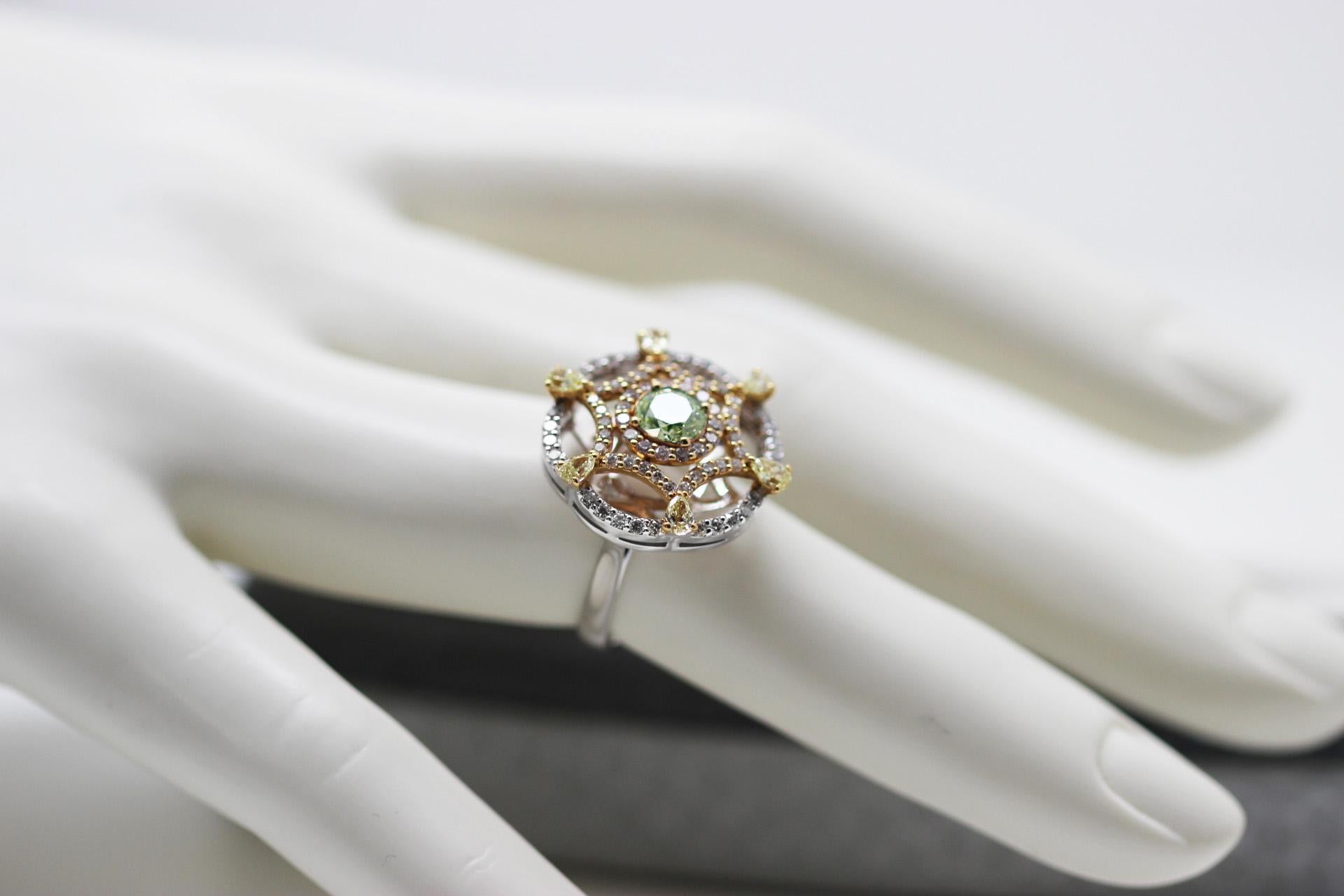 Radiant Cut 18k White Gold Cocktail Ring 0.60 ct Fancy Yellow Green Diamond GIA Scarselli For Sale