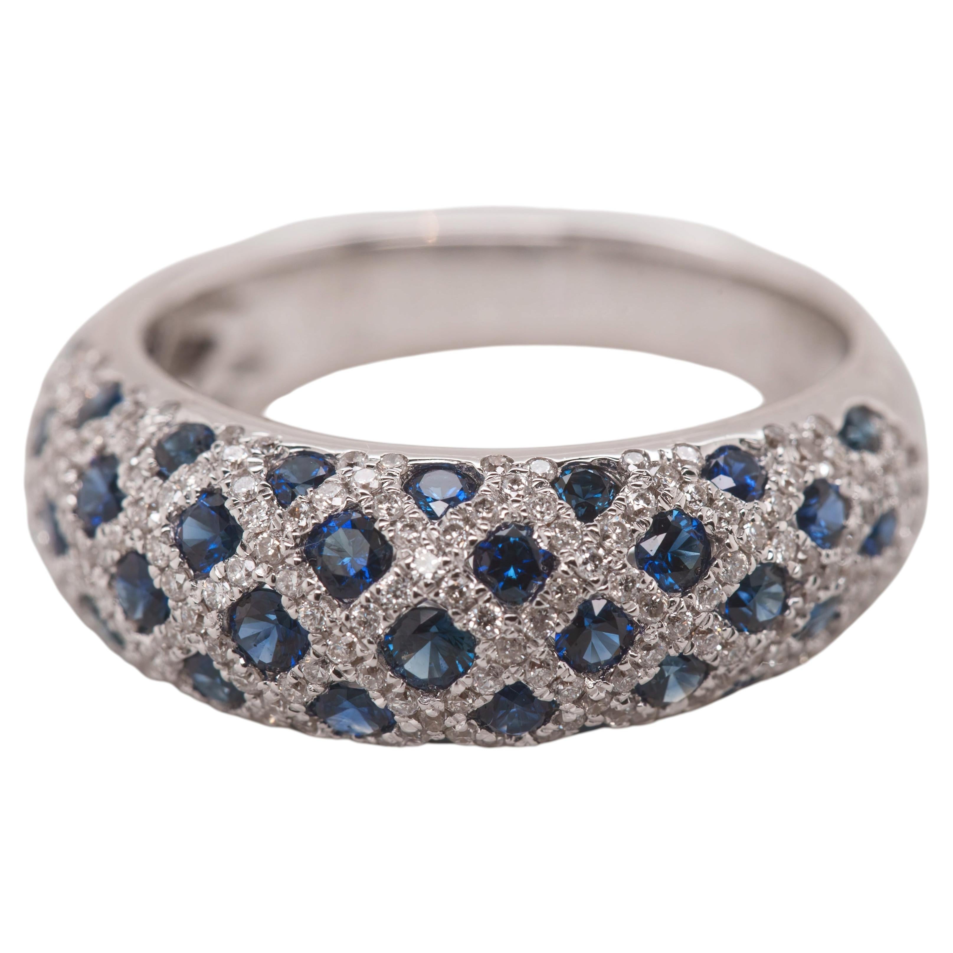 18K White Gold Blue Sapphire & Pavé Diamond Lattice Dome Fashion Ring For Sale