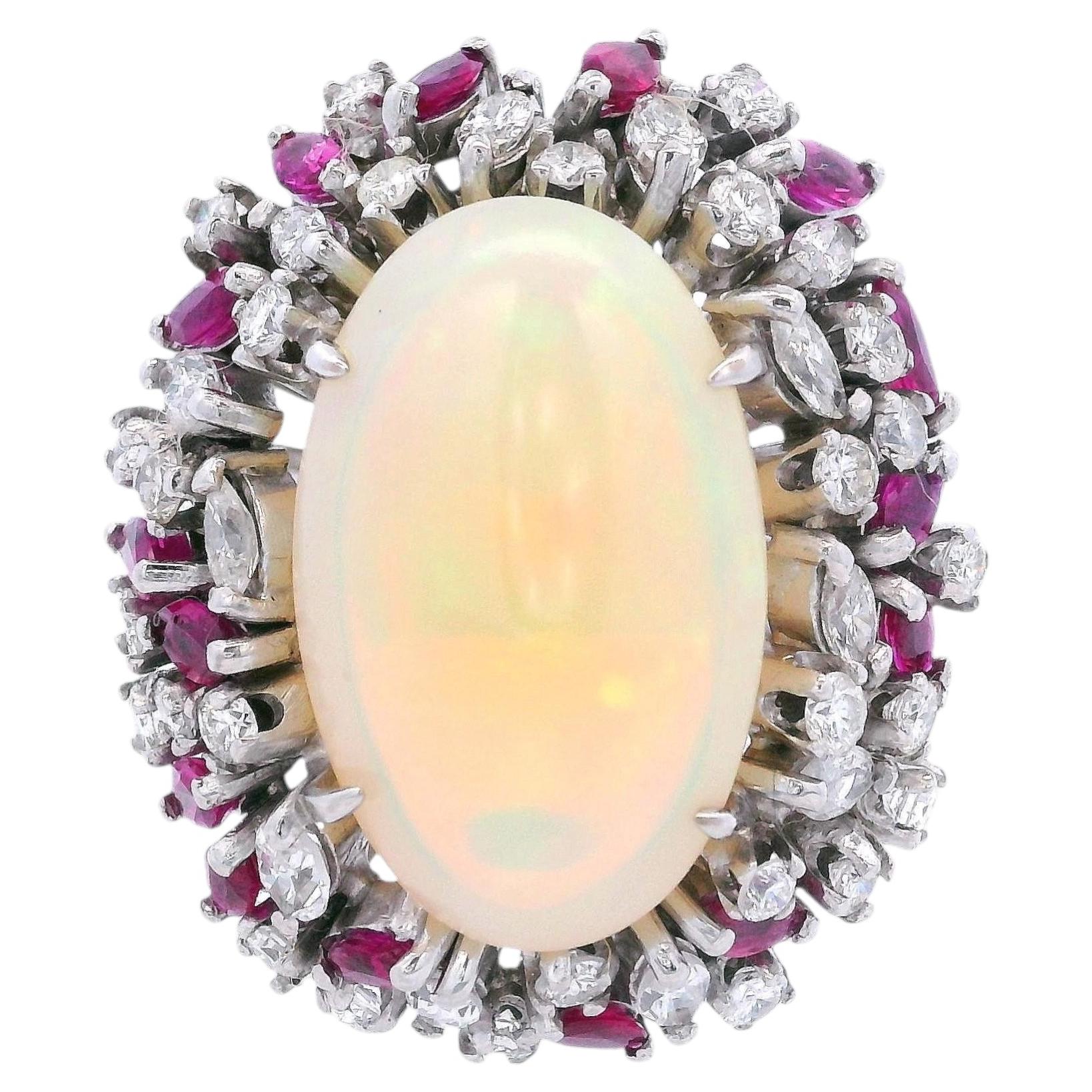 18K White Gold Cocktail Ring with 14.70 CTW in Opal, Diamond & Ruby For Sale