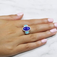 18k White Gold Cocktail Ring with White Topaz, Turquoise Lapis Lazuli & Diamonds
