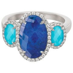 18k White Gold Cocktail Ring with White Topaz, Turquoise Lapis Lazuli & Diamonds