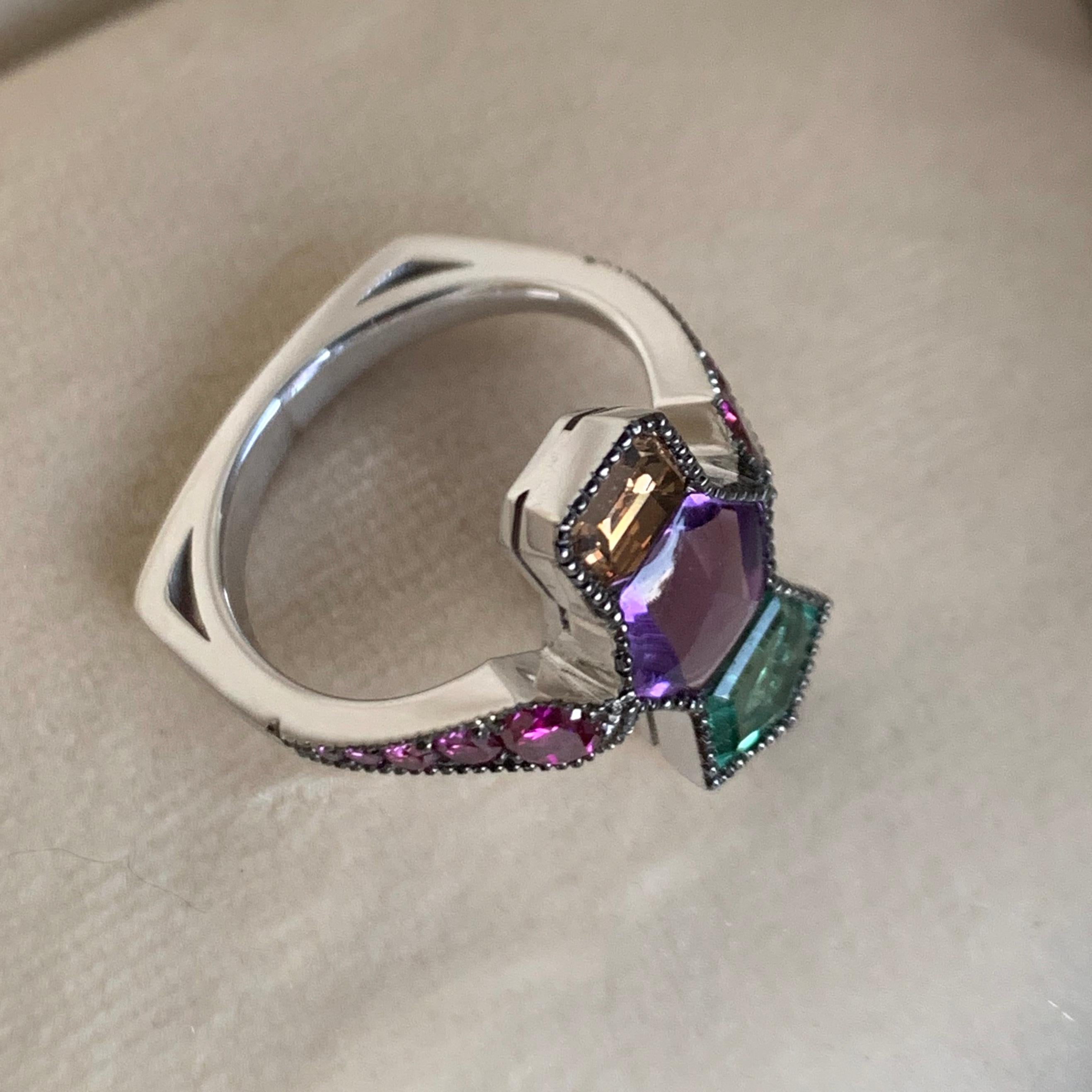 18K White Gold Cognac Diamond, Tourmaline & Amethyst Millegrain Ring For Sale 3